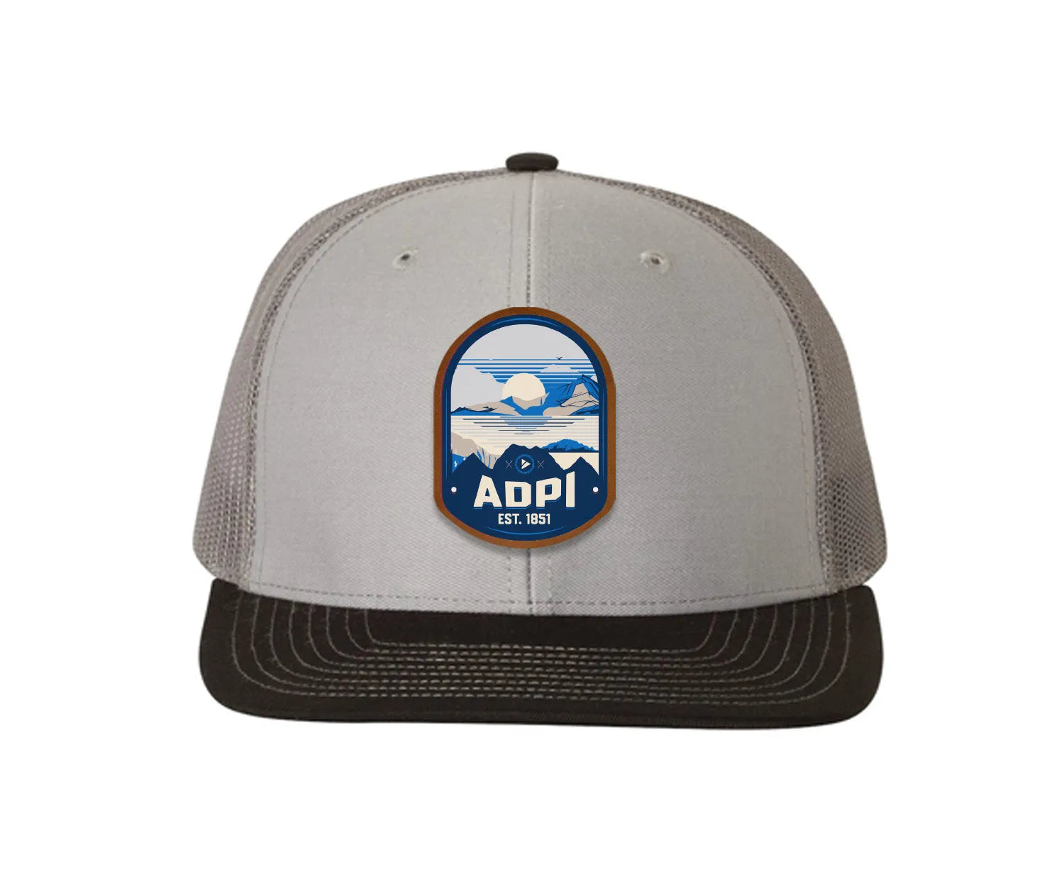 Alpha Delta Pi Richardson 112 UV Print Leatherette Patch Trucker Hat - Ventura Gray Charcoal Black Trucker Hat