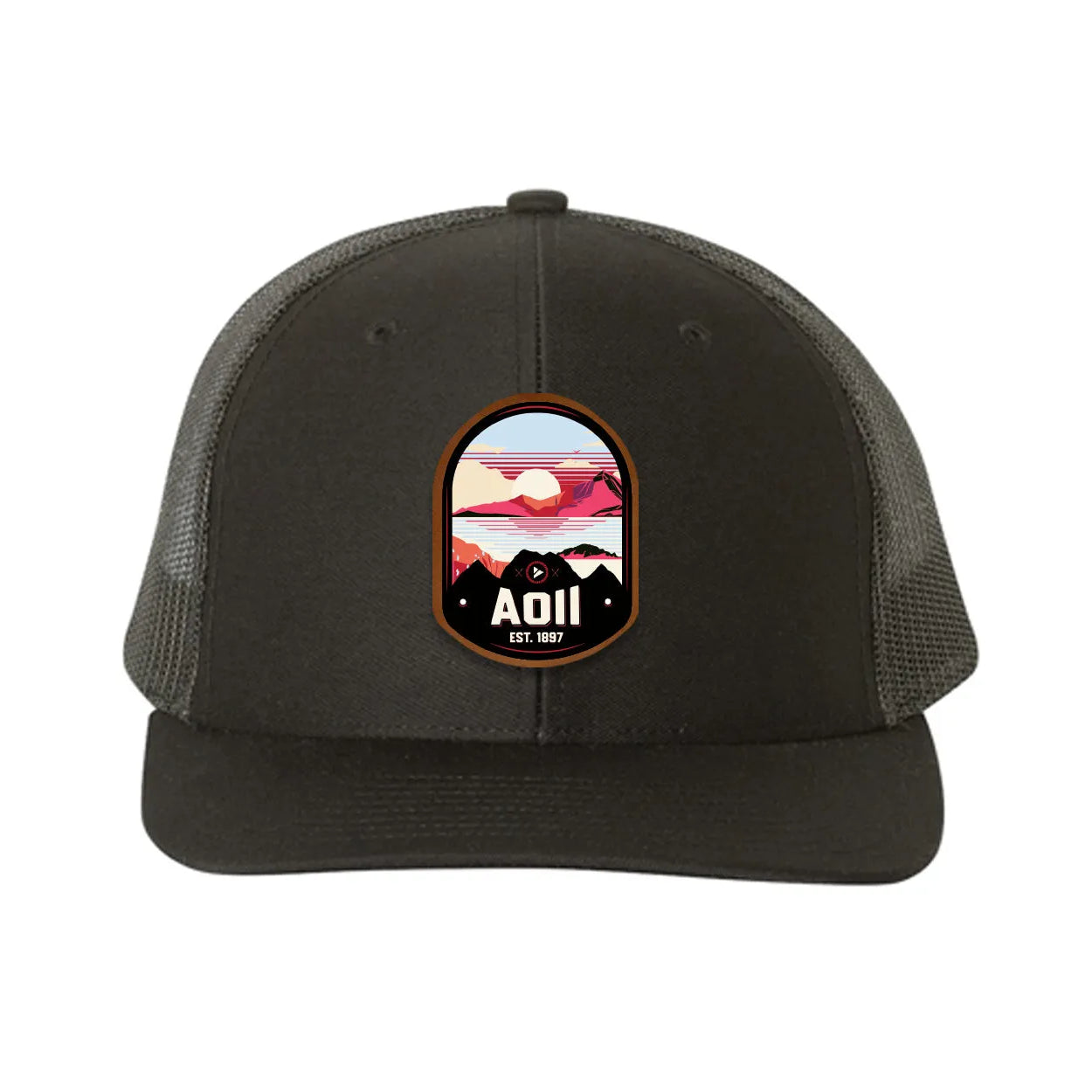 Alpha Omicron Pi Richardson 112 UV Print Leatherette Patch Trucker Hat - Ventura Black Black Trucker Hat