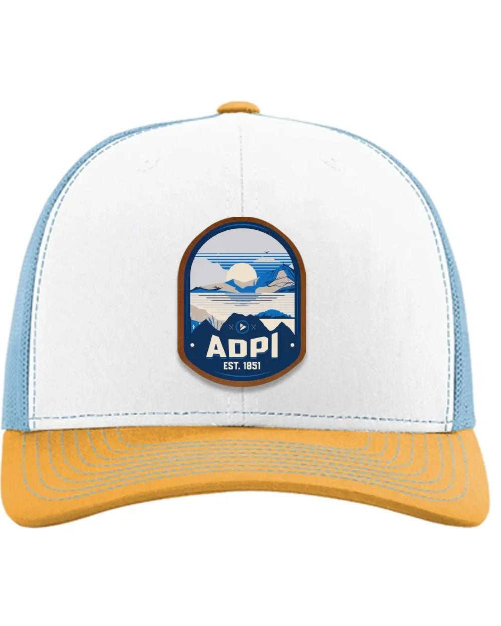 Alpha Delta Pi Richardson 112 UV Print Leatherette Patch Trucker Hat - Ventura White Blue Yellow Trucker Hat