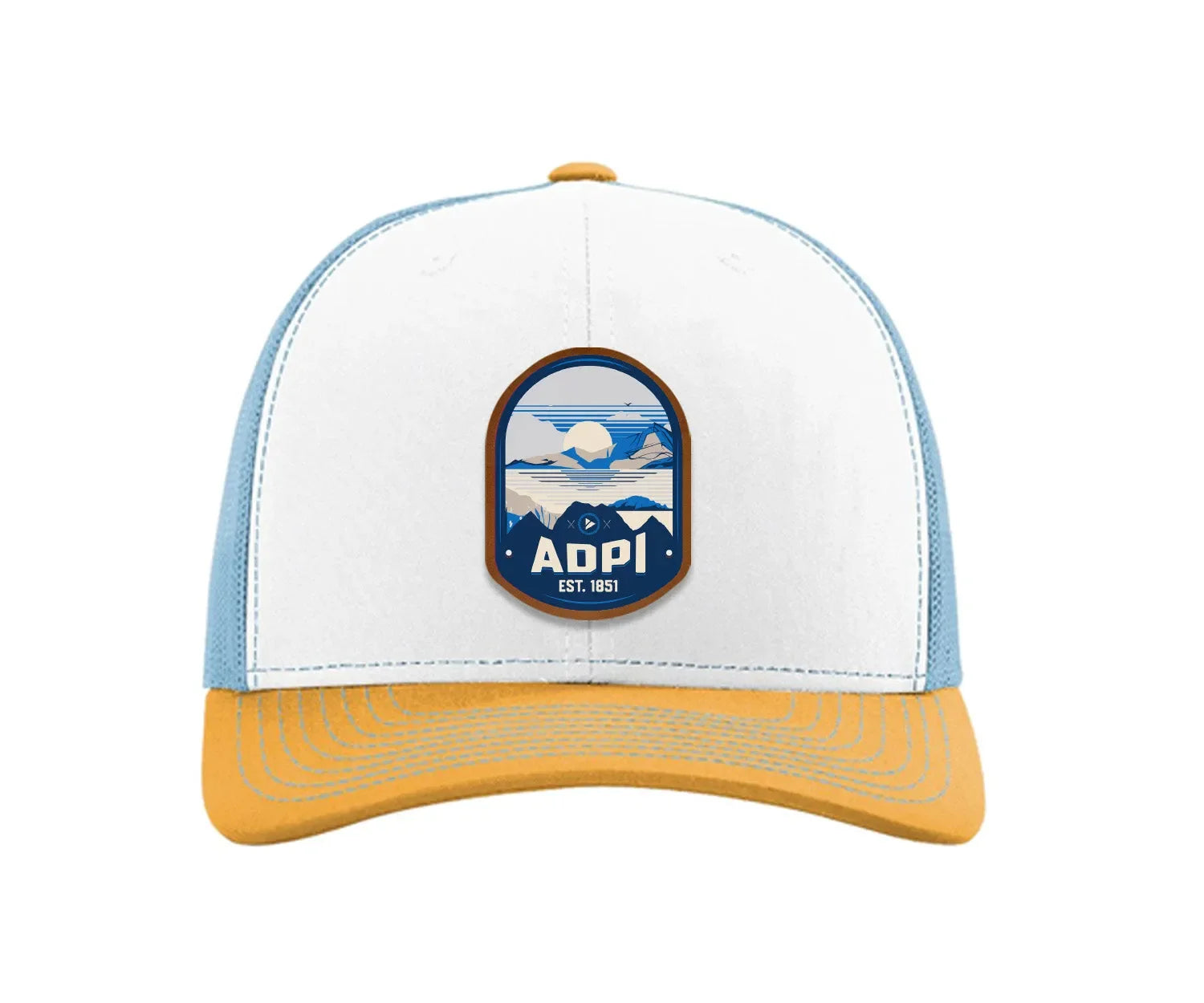 Alpha Delta Pi Richardson 112 UV Print Leatherette Patch Trucker Hat - Ventura White Blue Yellow Trucker Hat