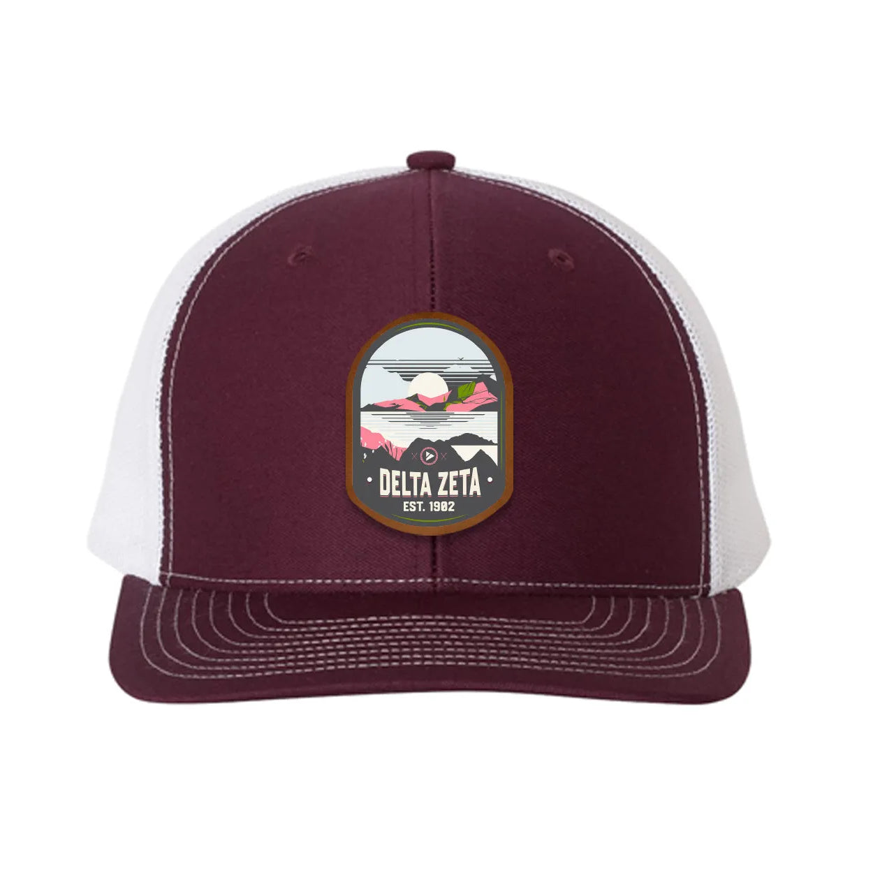 Delta Zeta Richardson 112 UV Print Leatherette Patch Trucker Hat - Ventura Maroon White Trucker Hat