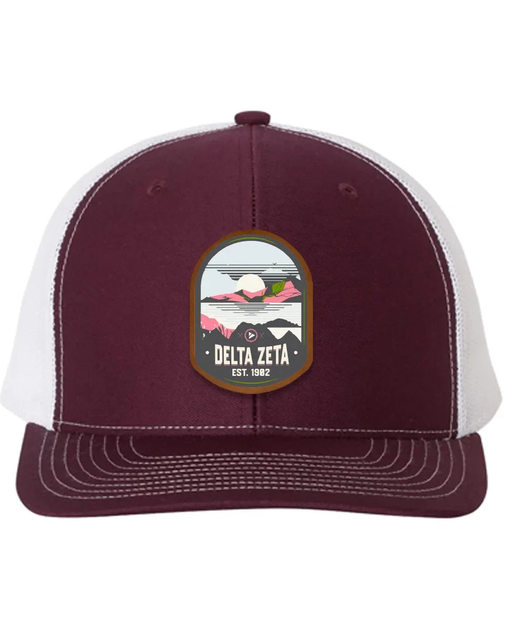 Delta Zeta Richardson 112 UV Print Leatherette Patch Trucker Hat - Ventura Maroon White Trucker Hat