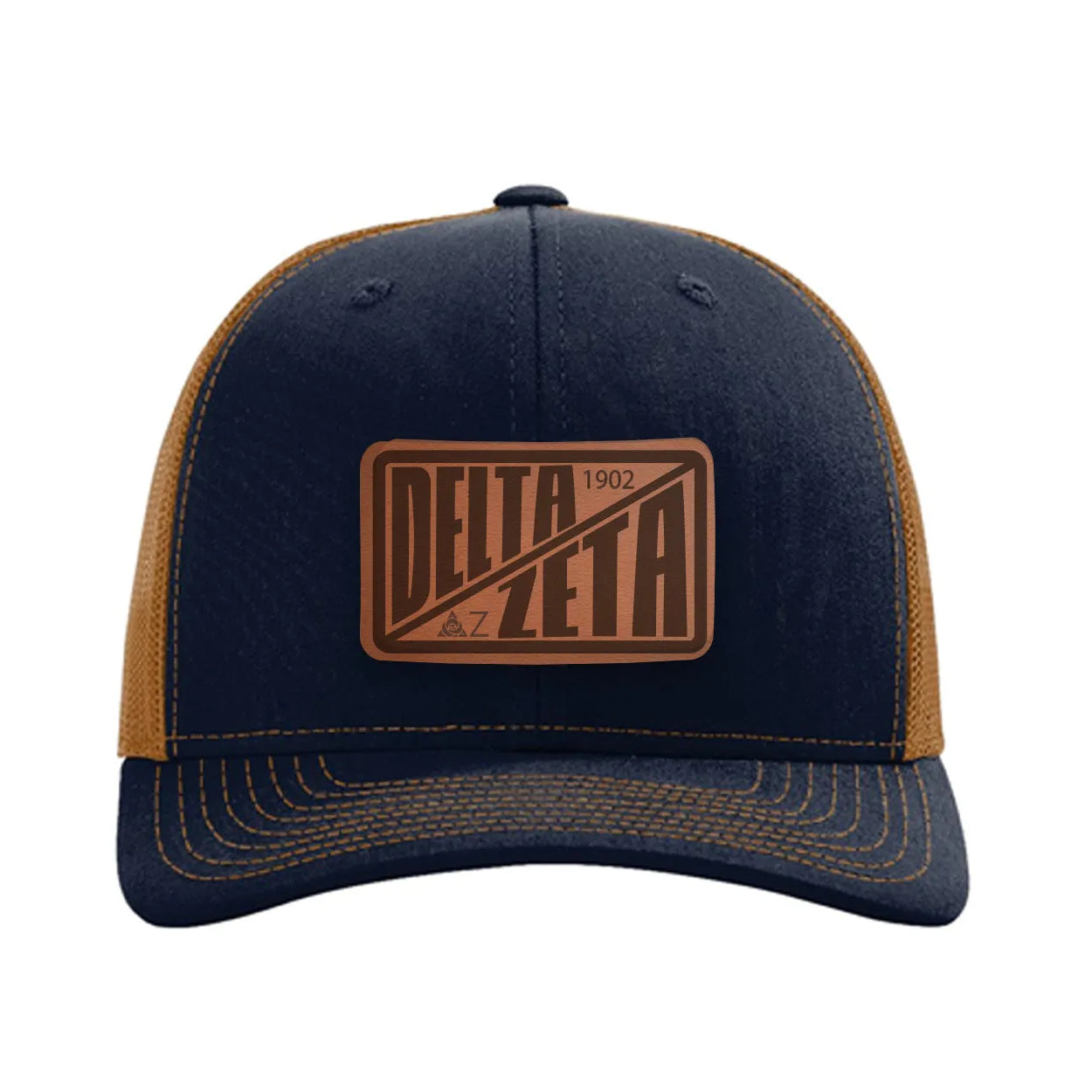 Delta Zeta Richardson 112 Leatherette Patch Trucker Hat - Divide Navy Caramel Trucker Hat