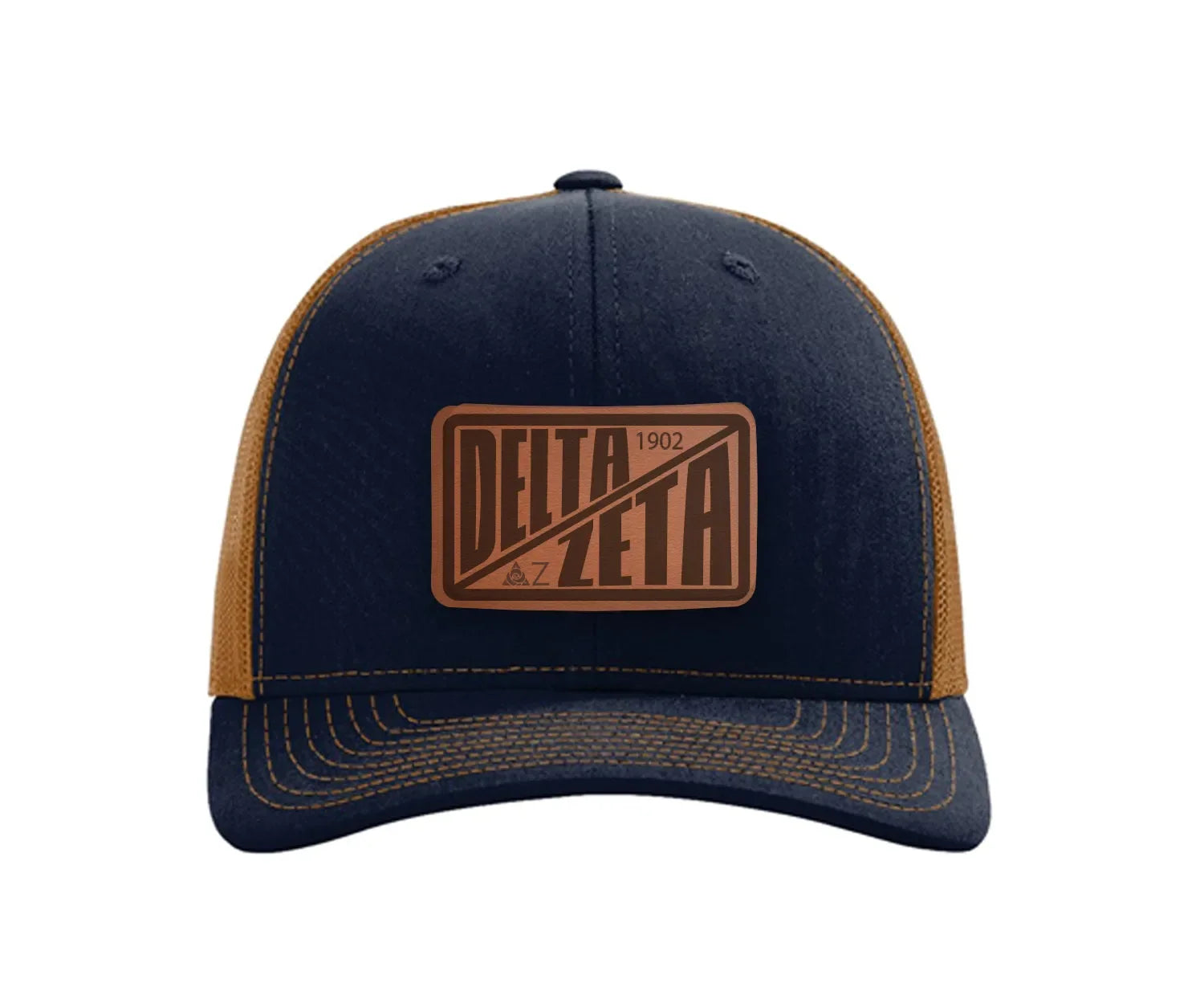 Delta Zeta Richardson 112 Leatherette Patch Trucker Hat - Divide Navy Caramel Trucker Hat