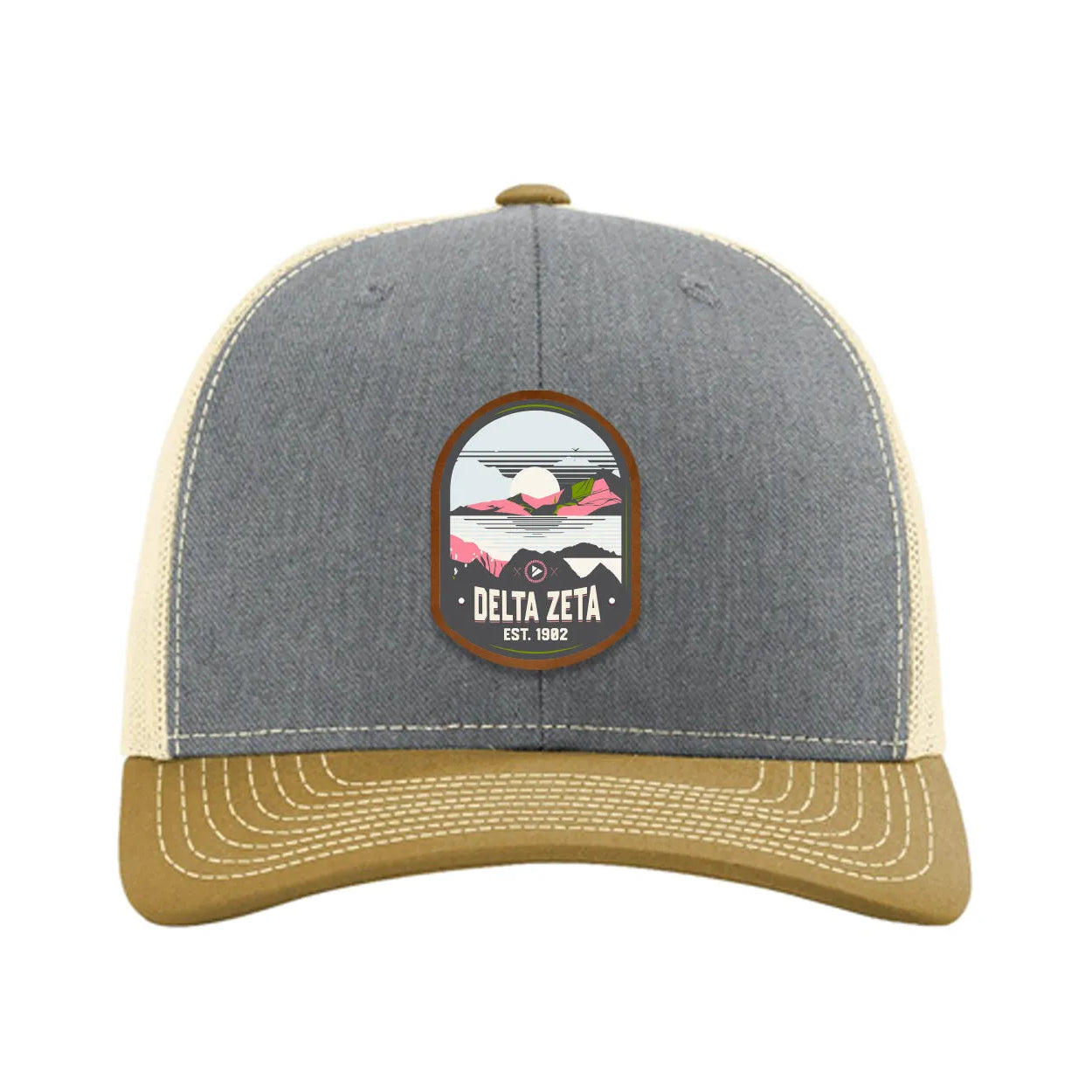 Delta Zeta Richardson 112 UV Print Leatherette Patch Trucker Hat - Ventura Heather Gray Birch Amber Gold Trucker Hat