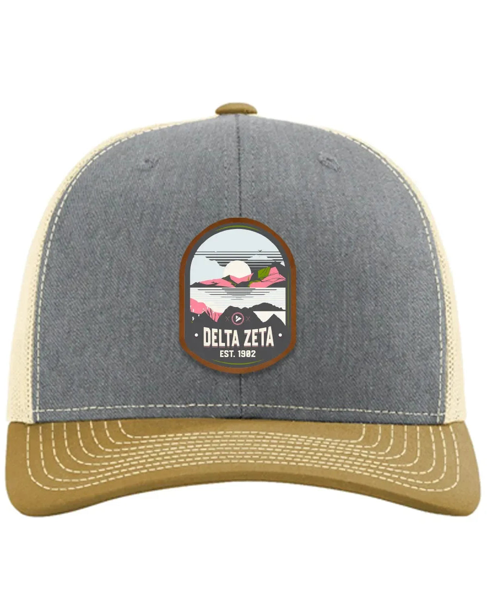 Delta Zeta Richardson 112 UV Print Leatherette Patch Trucker Hat - Ventura Heather Gray Birch Amber Gold Trucker Hat