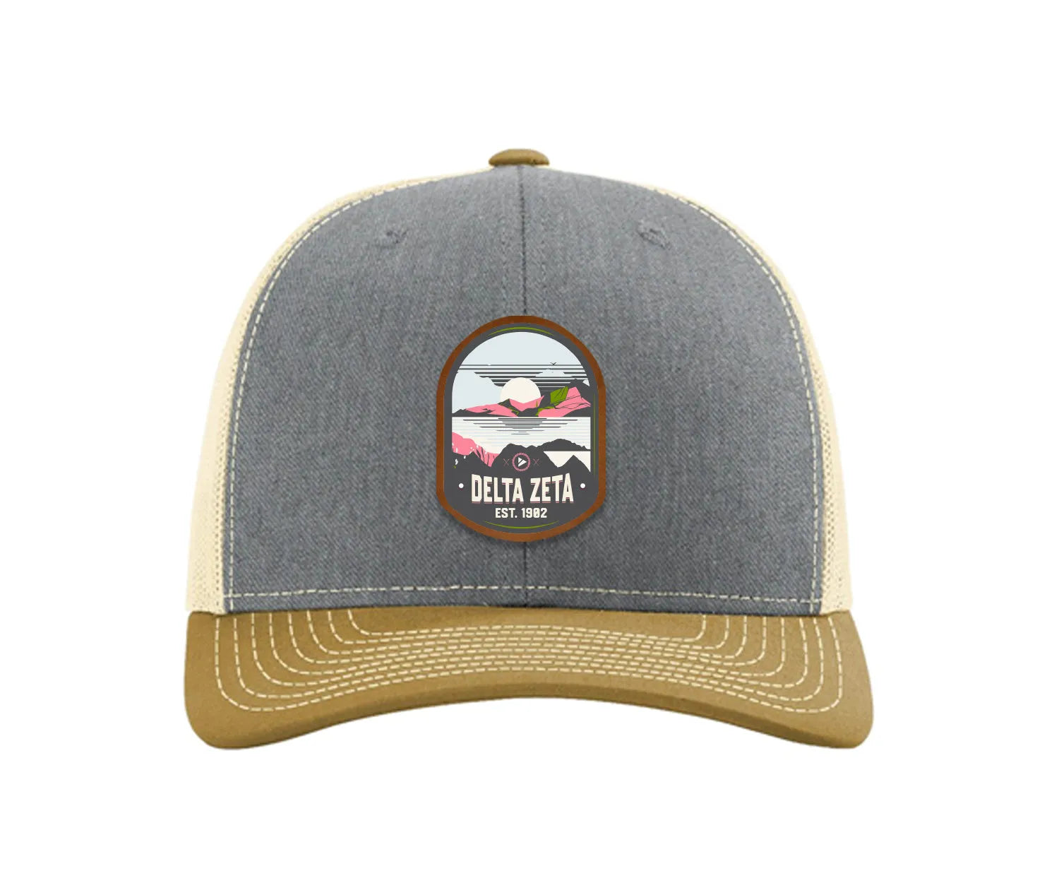 Delta Zeta Richardson 112 UV Print Leatherette Patch Trucker Hat - Ventura Heather Gray Birch Amber Gold Trucker Hat