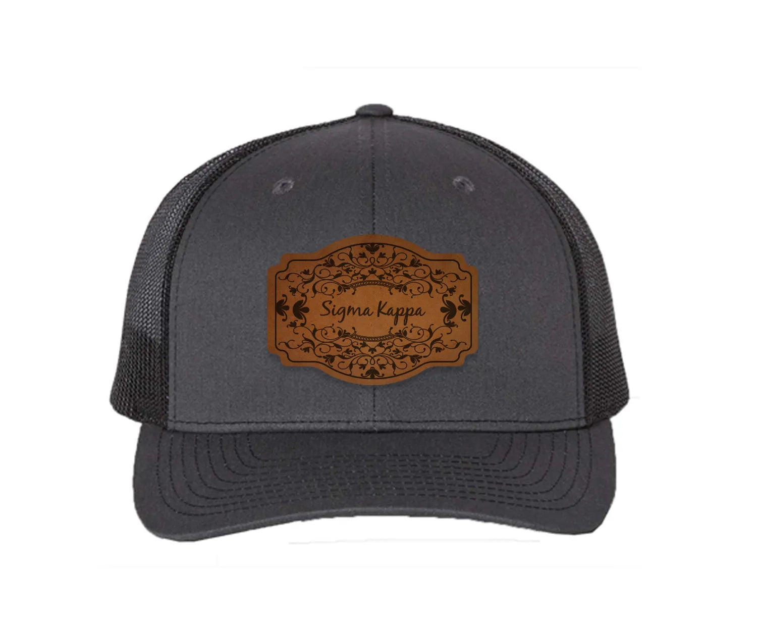Sigma Kappa Richardson 112 Leatherette Patch Trucker Hat - Scroll Charcoal Black Trucker Hat