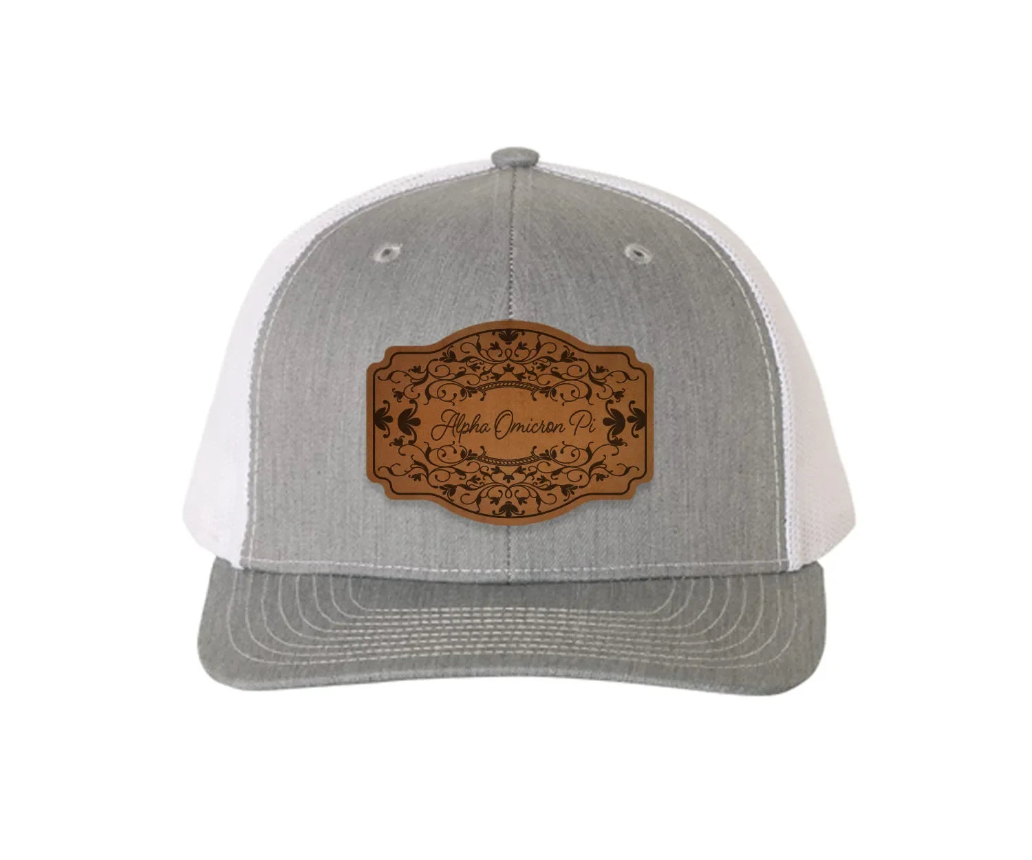 Alpha Omicron Pi Richardson 112 Leatherette Patch Trucker Hat - Scroll Heather Gray White Trucker Hat