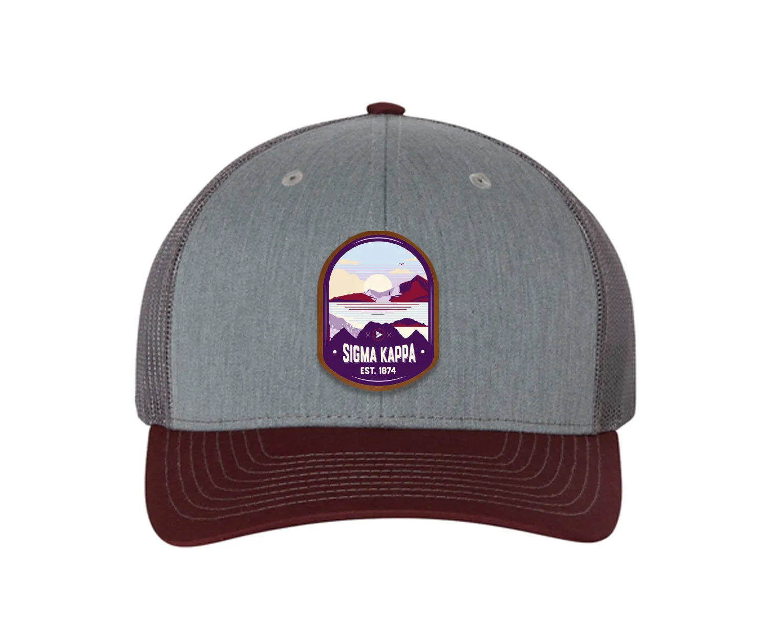 Sigma Kappa Richardson 112 UV Print Leatherette Patch Trucker Hat - Ventura Heather Gray Charcoal Maroon Trucker Hat