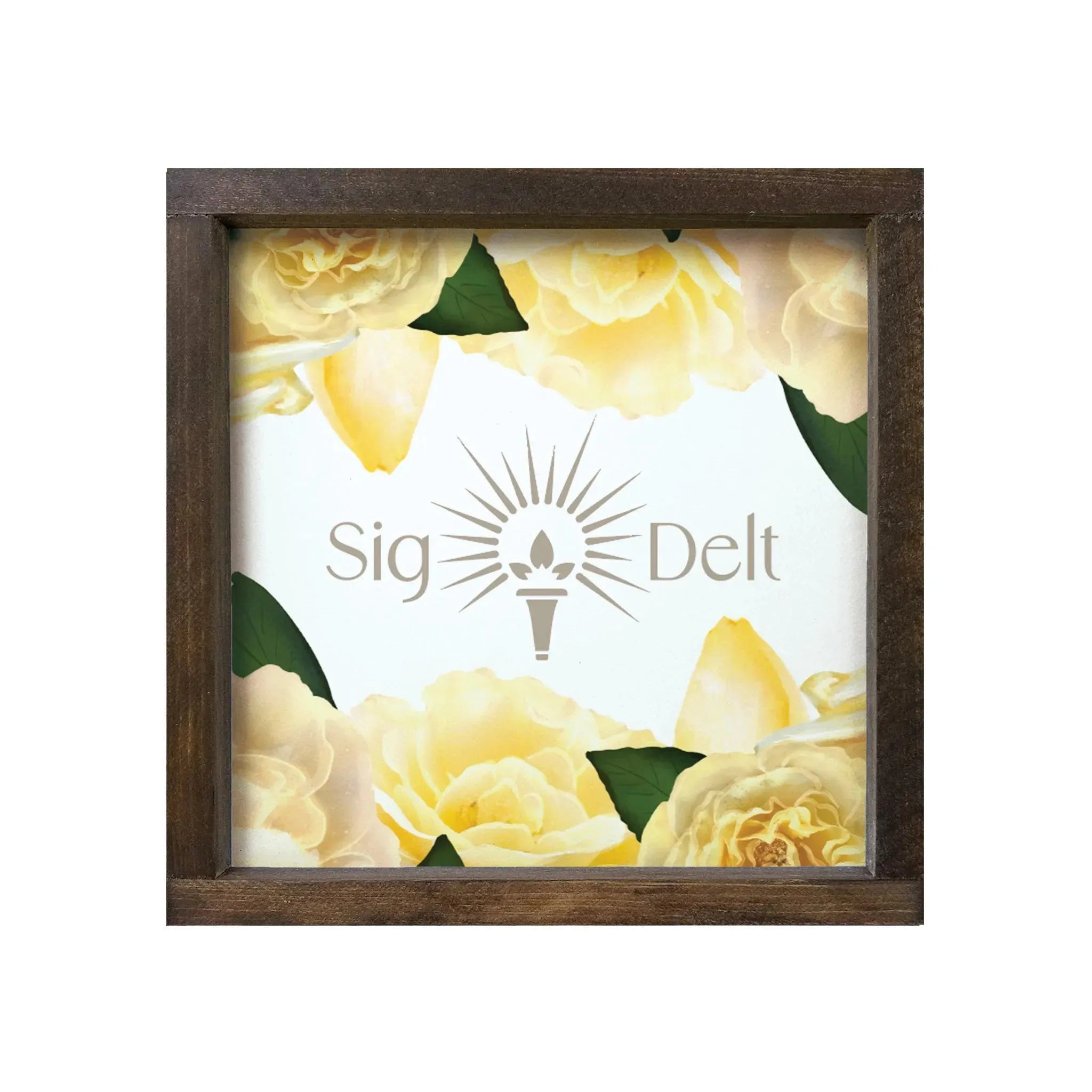 Sigma Delta Tau 12x12 Framed Sign - Yellow Roses Walnut Stain Wall Art & Signs