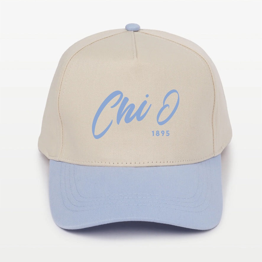 Chi O Embroidered Two-Tone Baseball Cap - Script 1895 | Chi Omega Gift