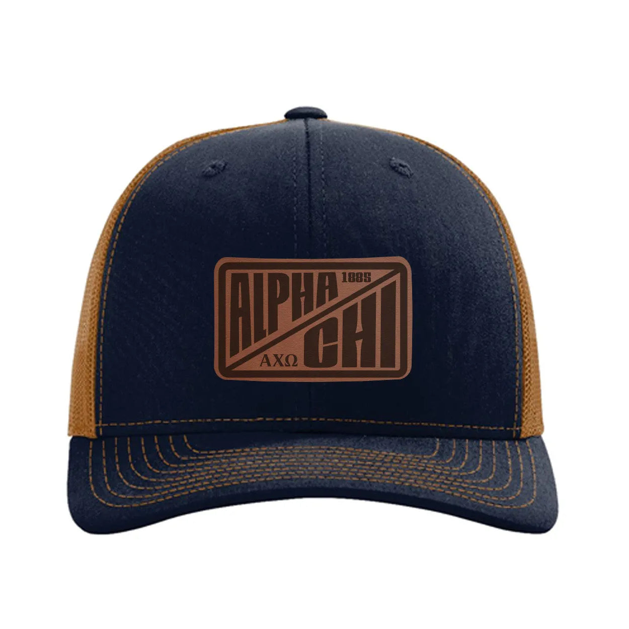 Alpha Chi Omega Richardson 112 Leatherette Patch Trucker Hat - Divide Navy Caramel Trucker Hat