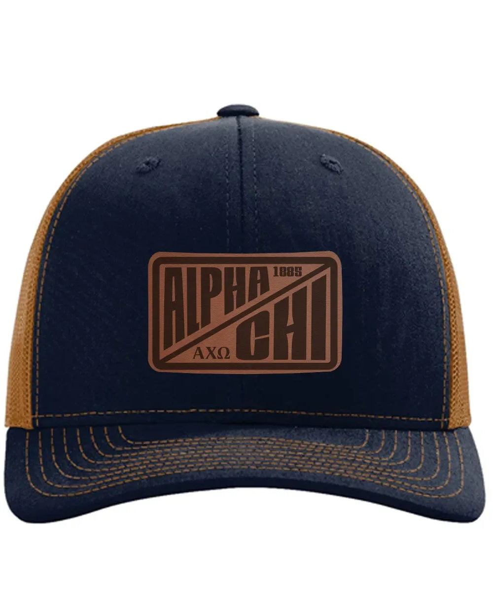 Alpha Chi Omega Richardson 112 Leatherette Patch Trucker Hat - Divide Navy Caramel Trucker Hat