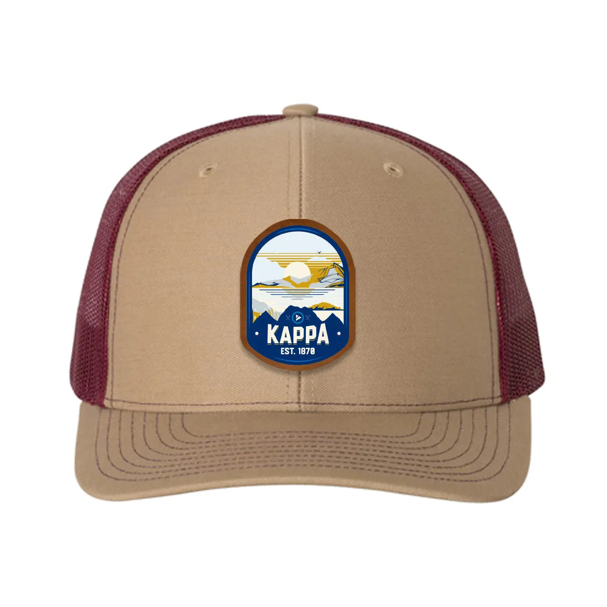 Kappa Kappa Gamma Richardson 112 UV Print Leatherette Patch Trucker Hat - Ventura Khaki Burgundy Trucker Hat
