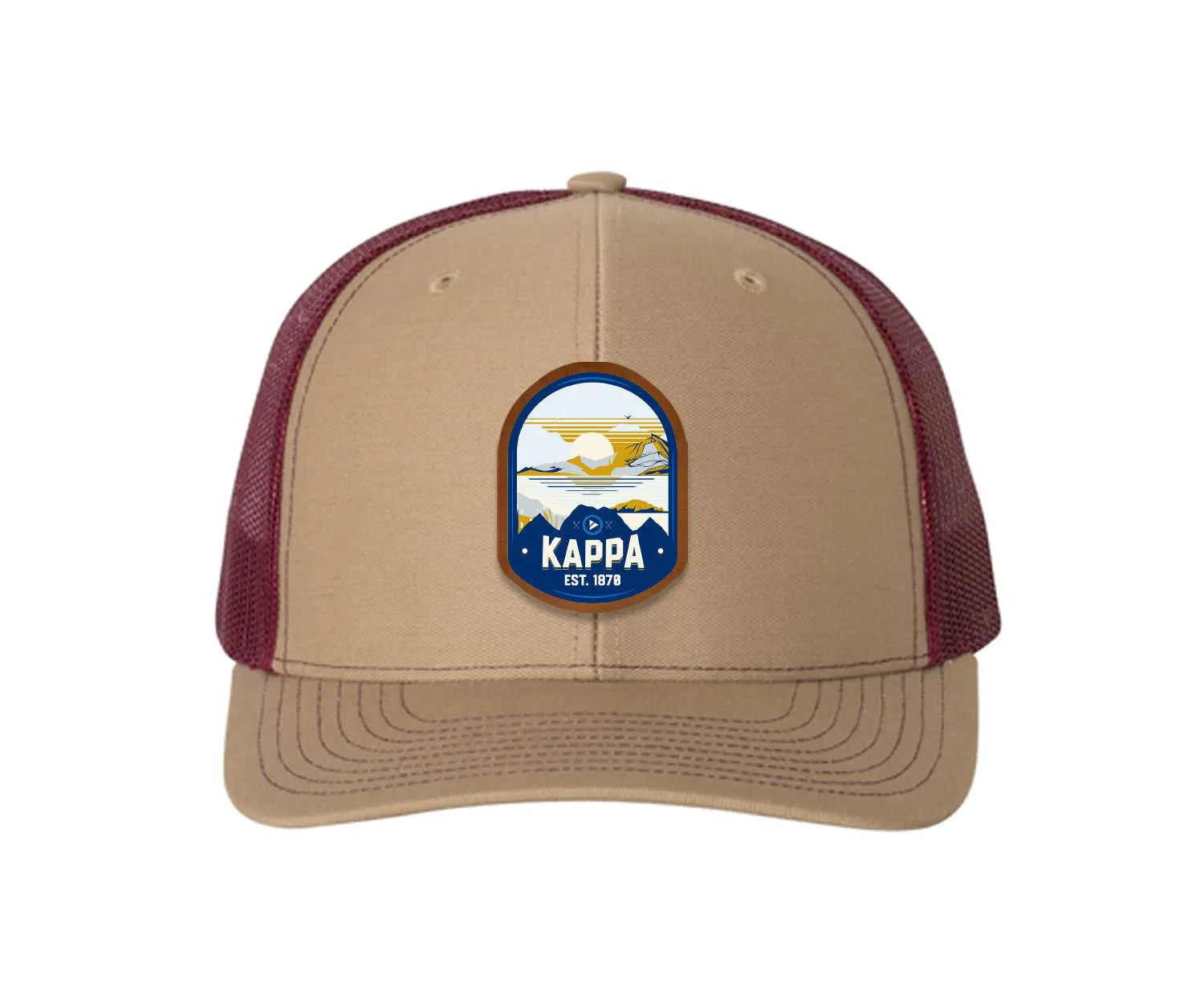 Kappa Kappa Gamma Richardson 112 UV Print Leatherette Patch Trucker Hat - Ventura Khaki Burgundy Trucker Hat