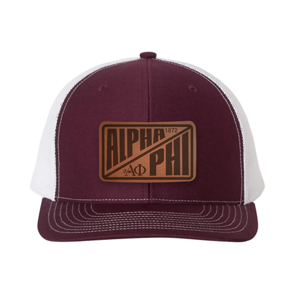Alpha Phi Richardson 112 Leatherette Patch Trucker Hat - Divide Maroon White Trucker Hat