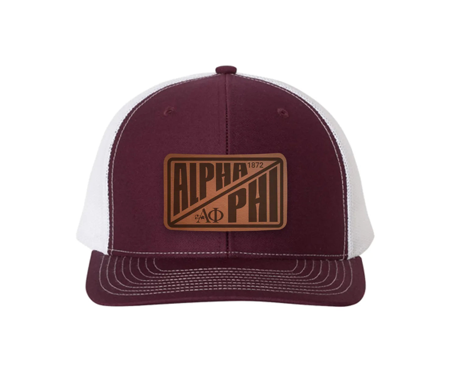 Alpha Phi Richardson 112 Leatherette Patch Trucker Hat - Divide Maroon White Trucker Hat