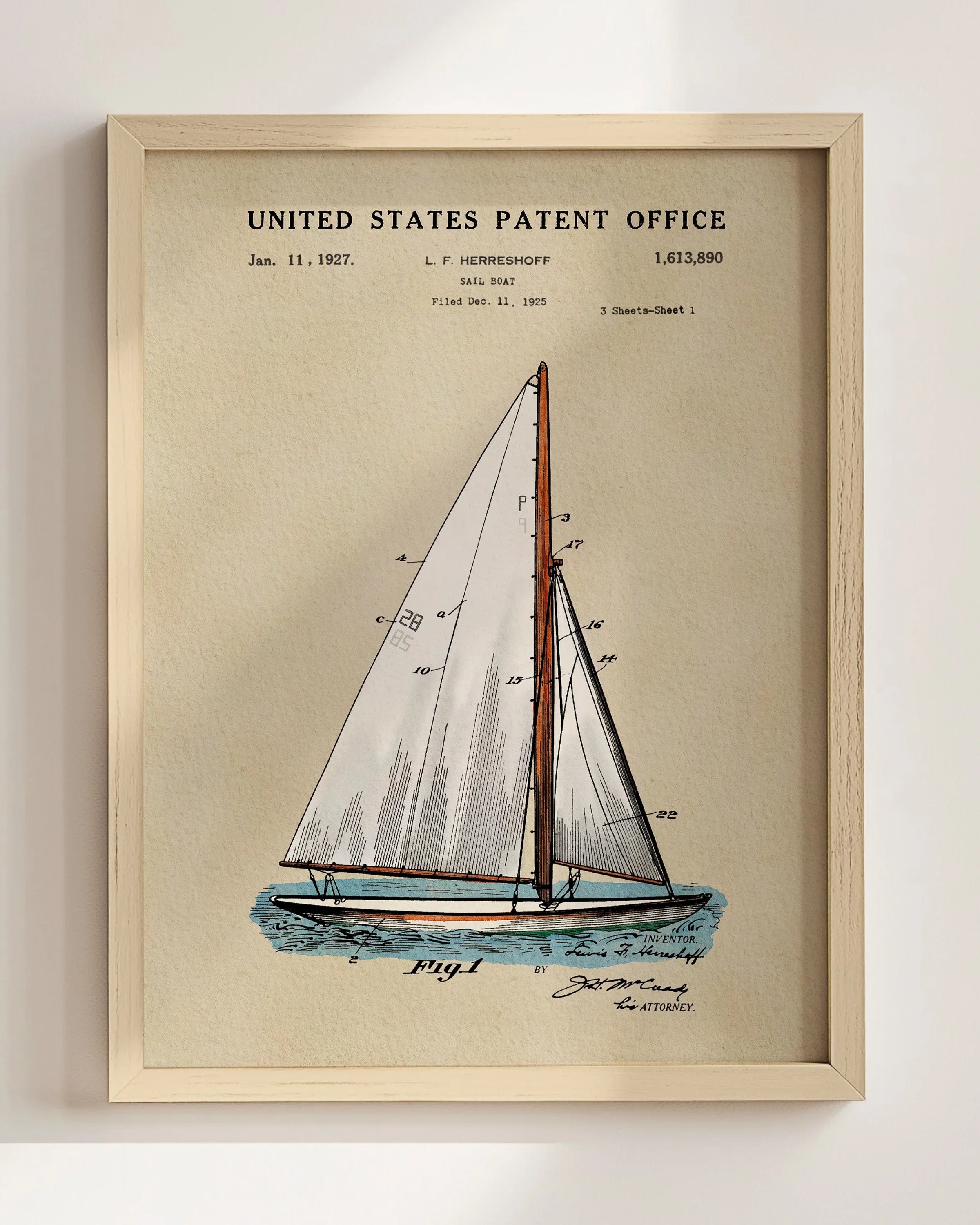 Herreshoff Sailboat US Patent Art Print | Nautical Coastal Dorm Decor