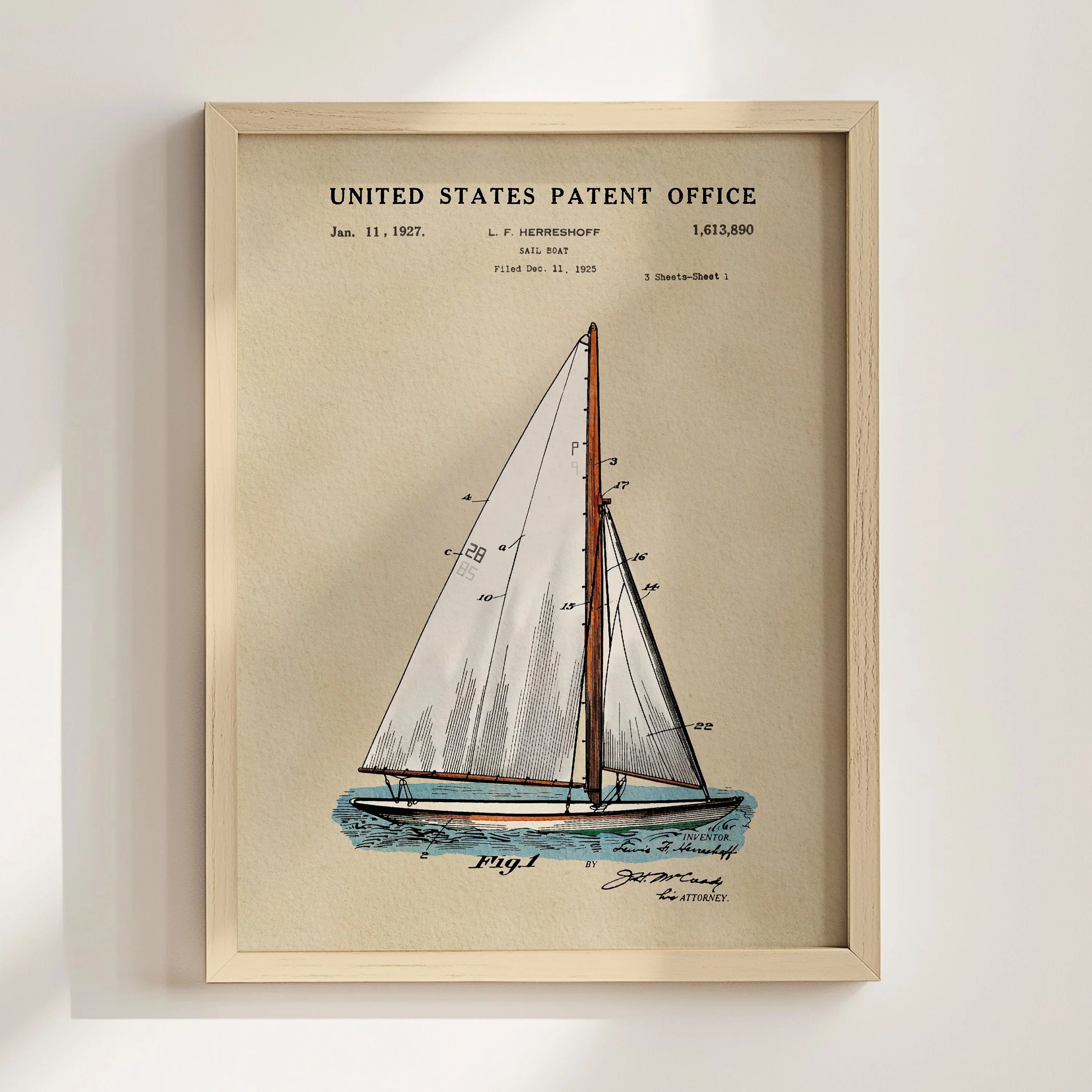 Herreshoff Sailboat US Patent Art Print | Nautical Coastal Dorm Decor