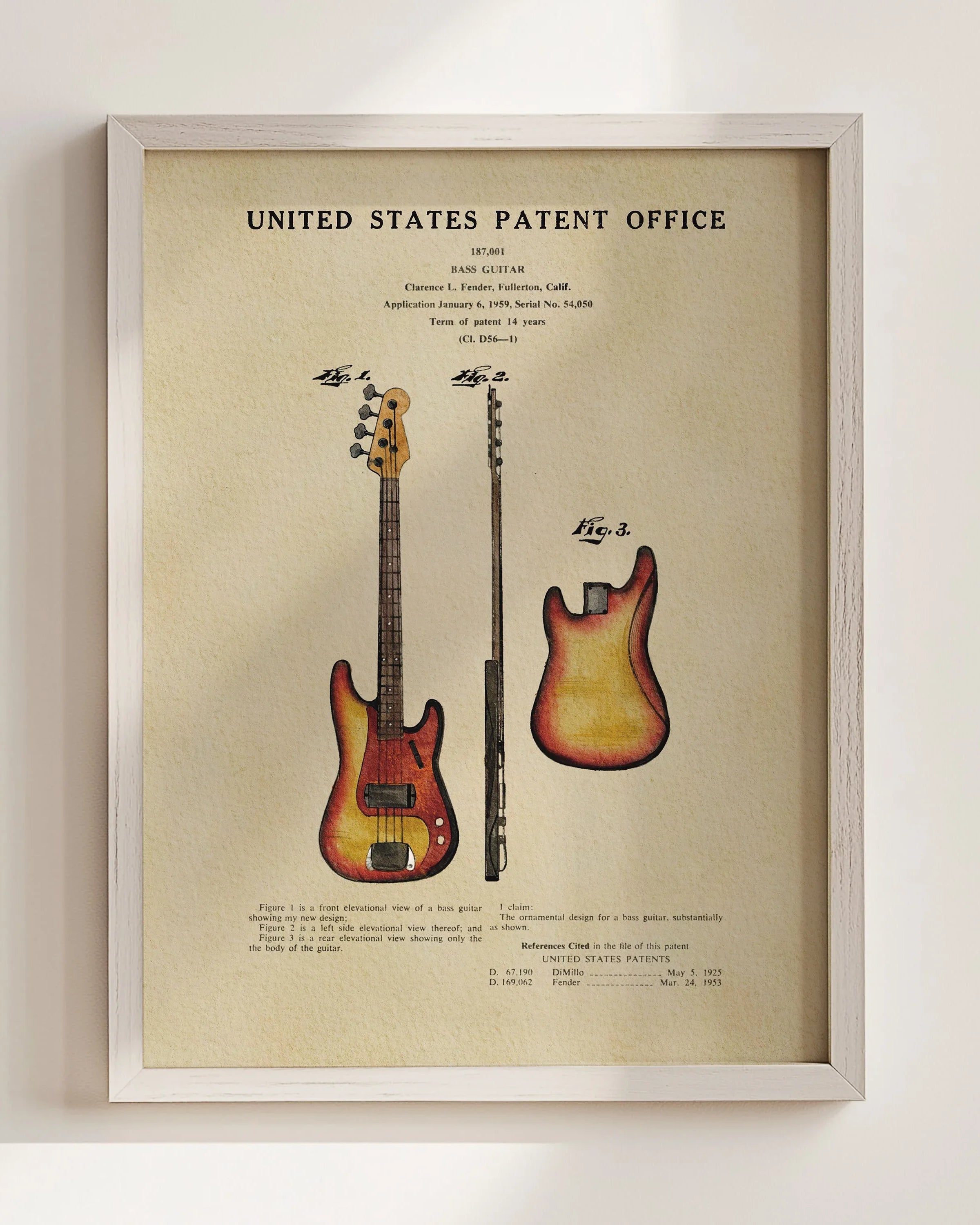 Fender Bass Guitar US Patent Art Print | Music-Themed Dorm Decor