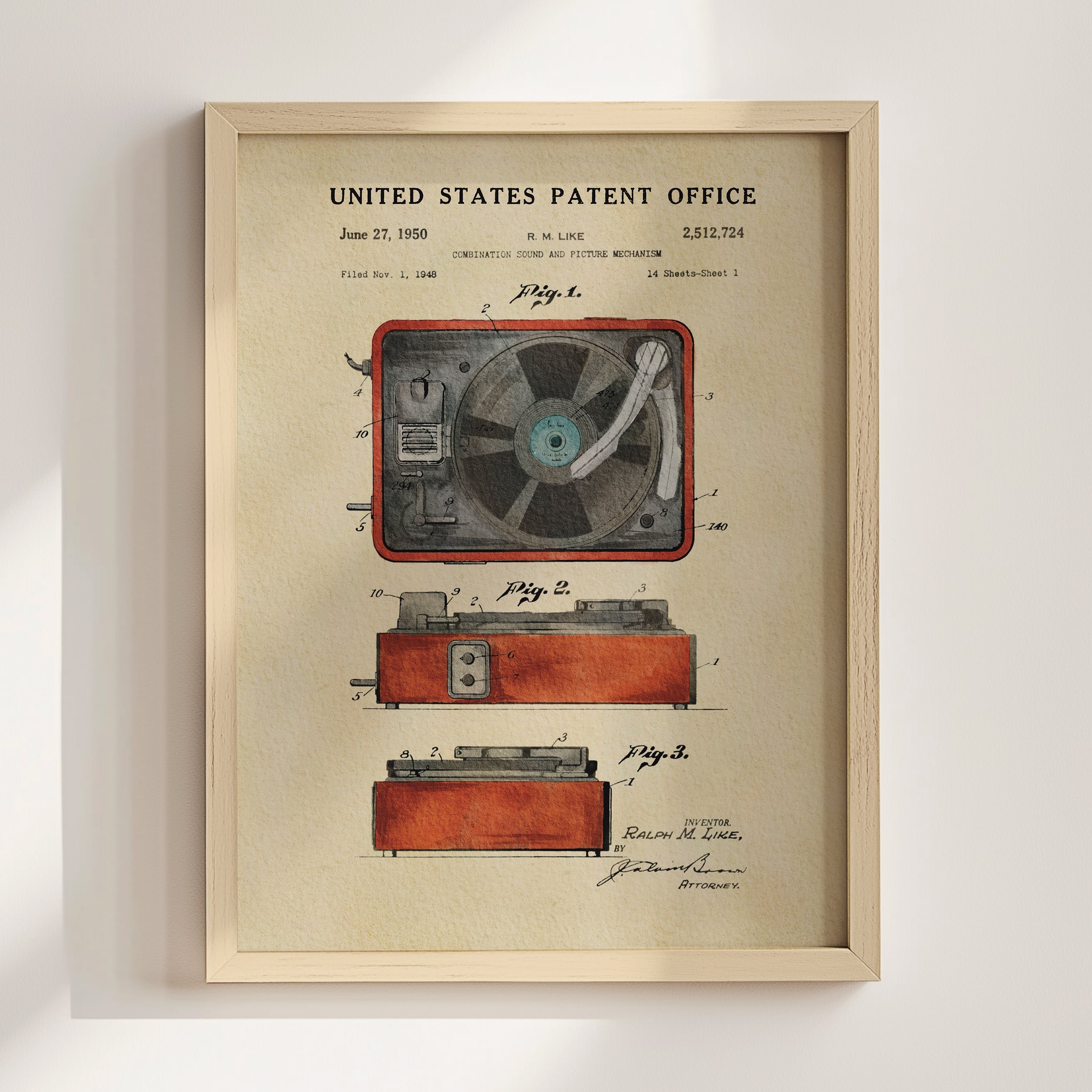 Vintage Record Player - Red US Patent Wall Print