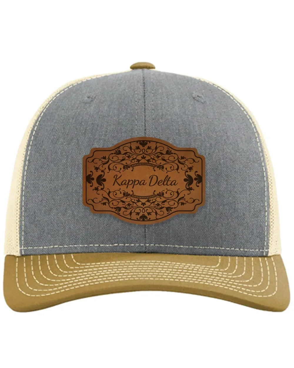 Kappa Delta Richardson 112 Leatherette Patch Trucker Hat - Scroll Heather Gray Birch Amber Gold Trucker Hat