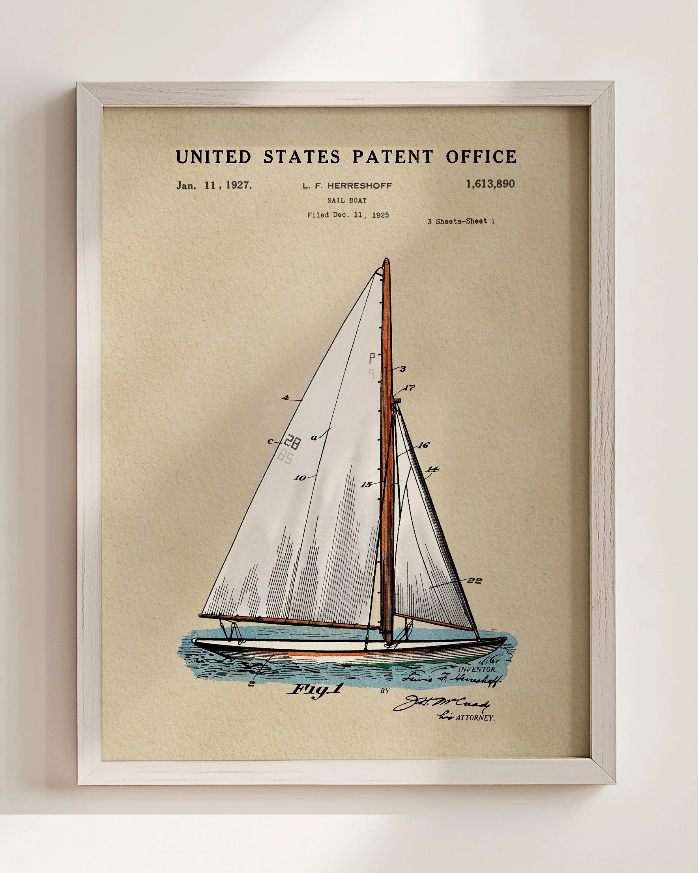 Herreshoff Sailboat US Patent Art Print | Nautical Coastal Dorm Decor