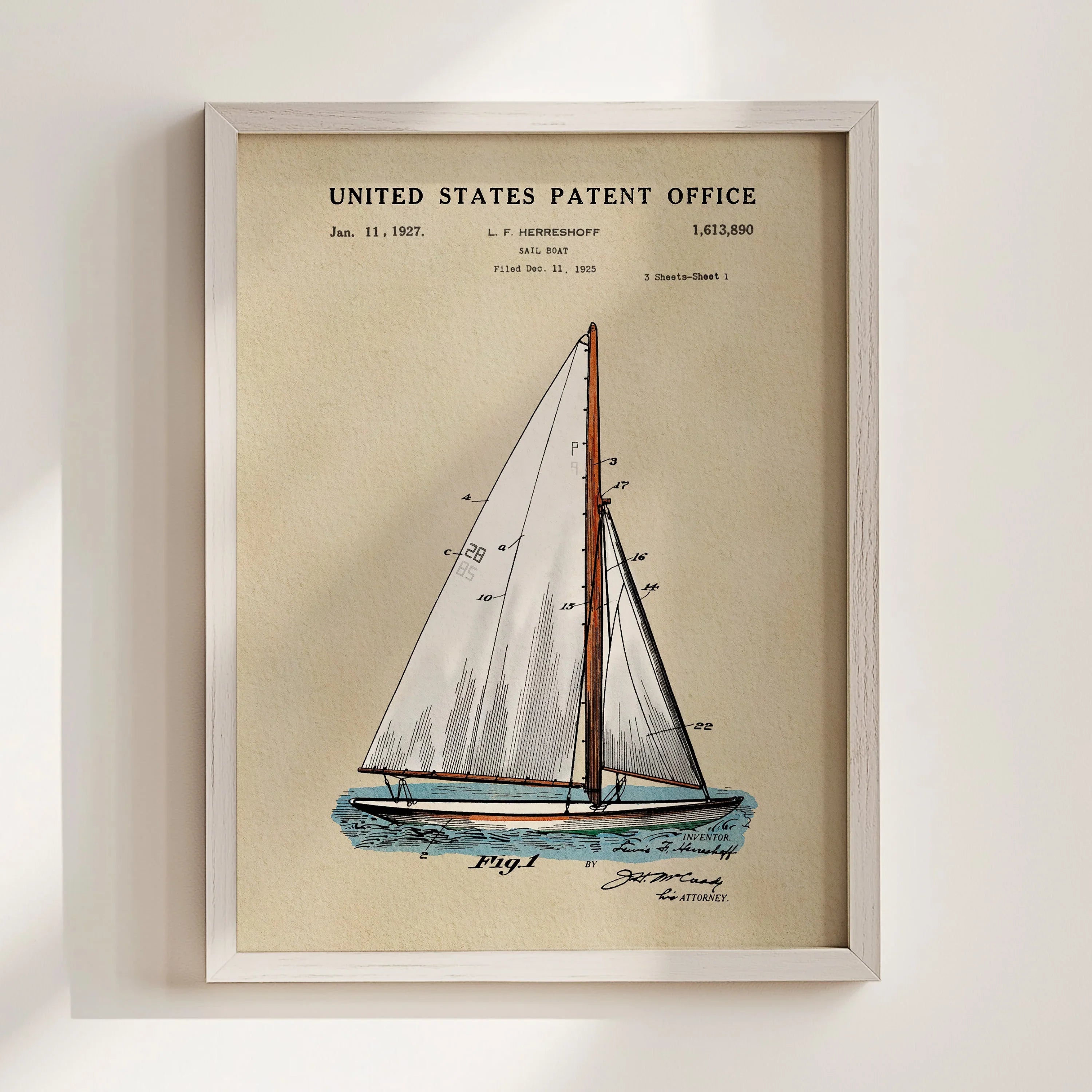 Herreshoff Sailboat US Patent Art Print | Nautical Coastal Dorm Decor