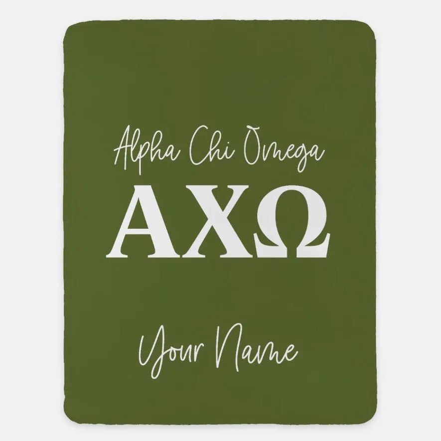 Personalized Alpha Chi Omega XL 60x80 Sherpa Blanket Olive Throw Blankets