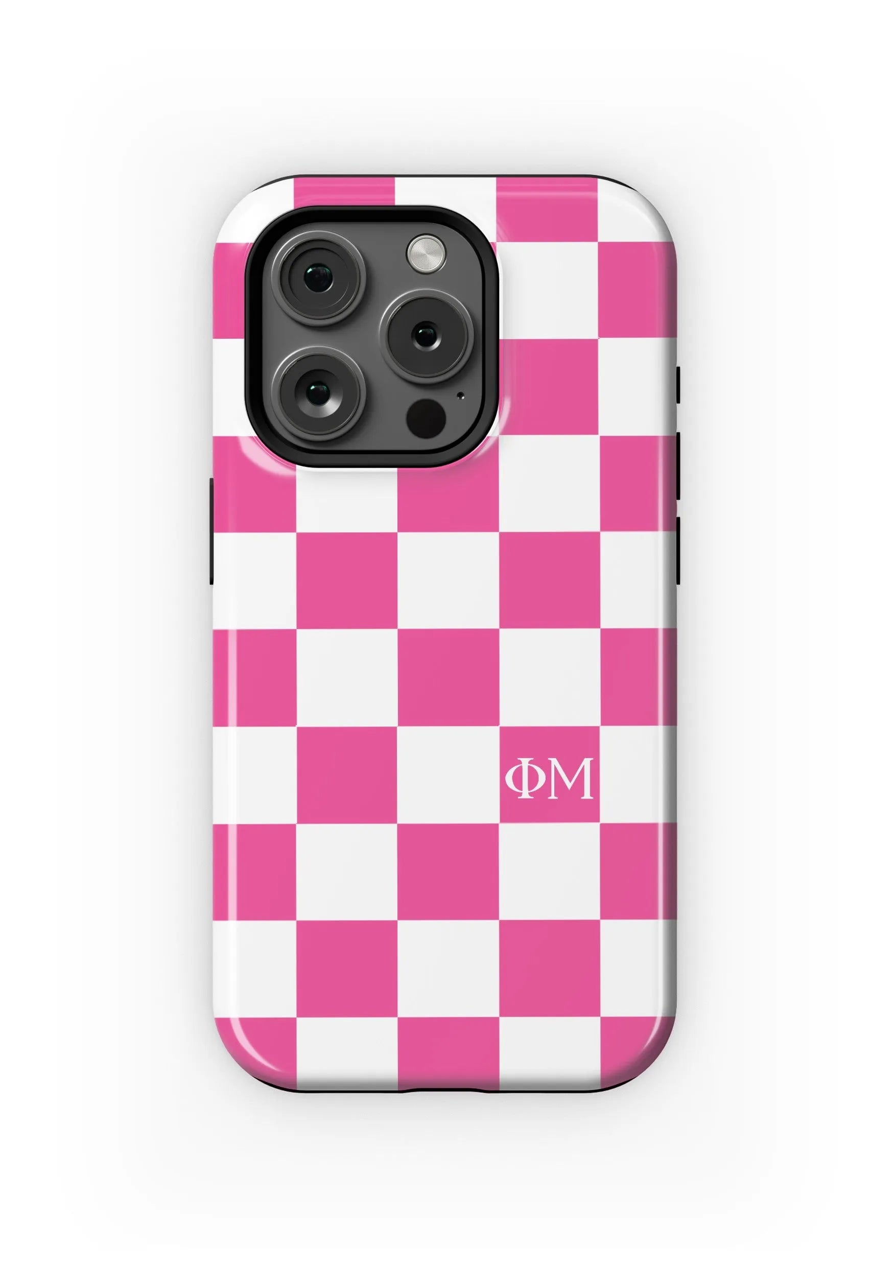 Phi Mu iPhone 16, 15, 14 Mobile Phone Case - Pink Check Gloss Mobile Phone Cases