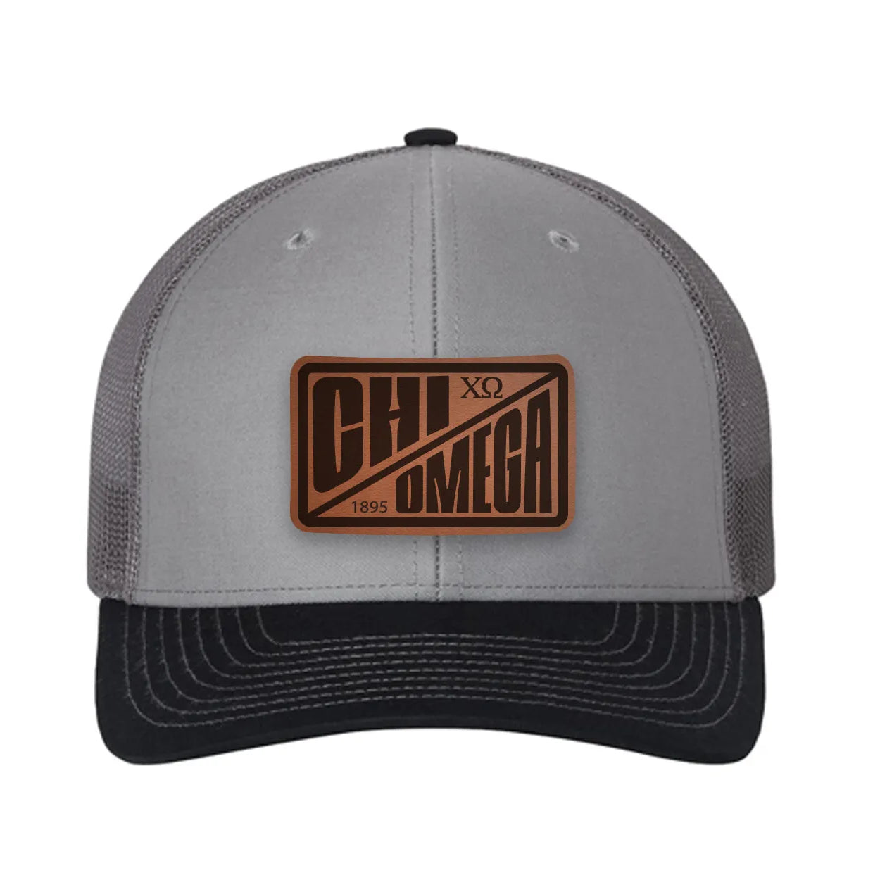 Chi Omega Richardson 112 Leatherette Patch Trucker Hat - Divide Gray Charcoal Navy Trucker Hat