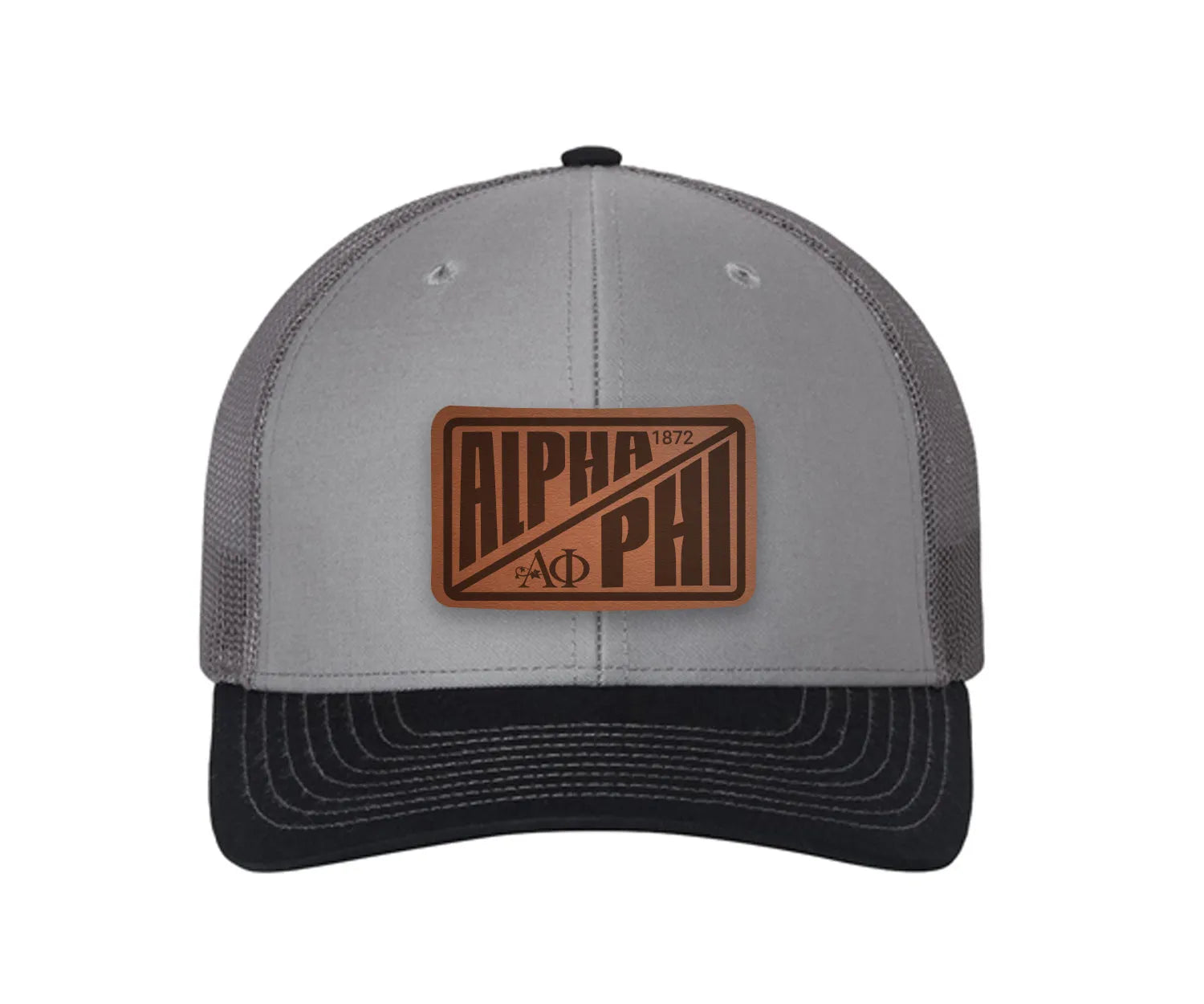 Alpha Phi Richardson 112 Leatherette Patch Trucker Hat - Divide Gray Charcoal Navy Trucker Hat