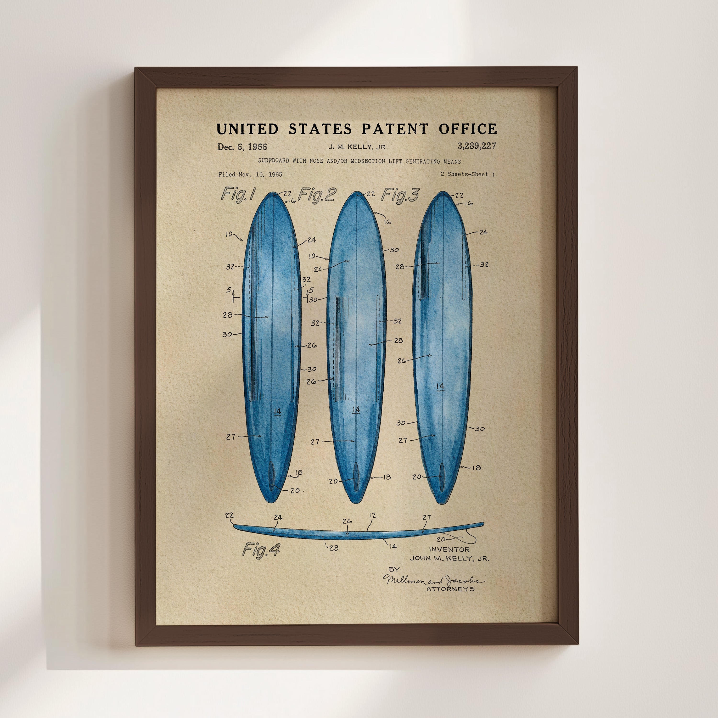 Surfboard US Patent Art Print - Blue | Coastal-Themed Dorm Decor | Campus Greek Fit
