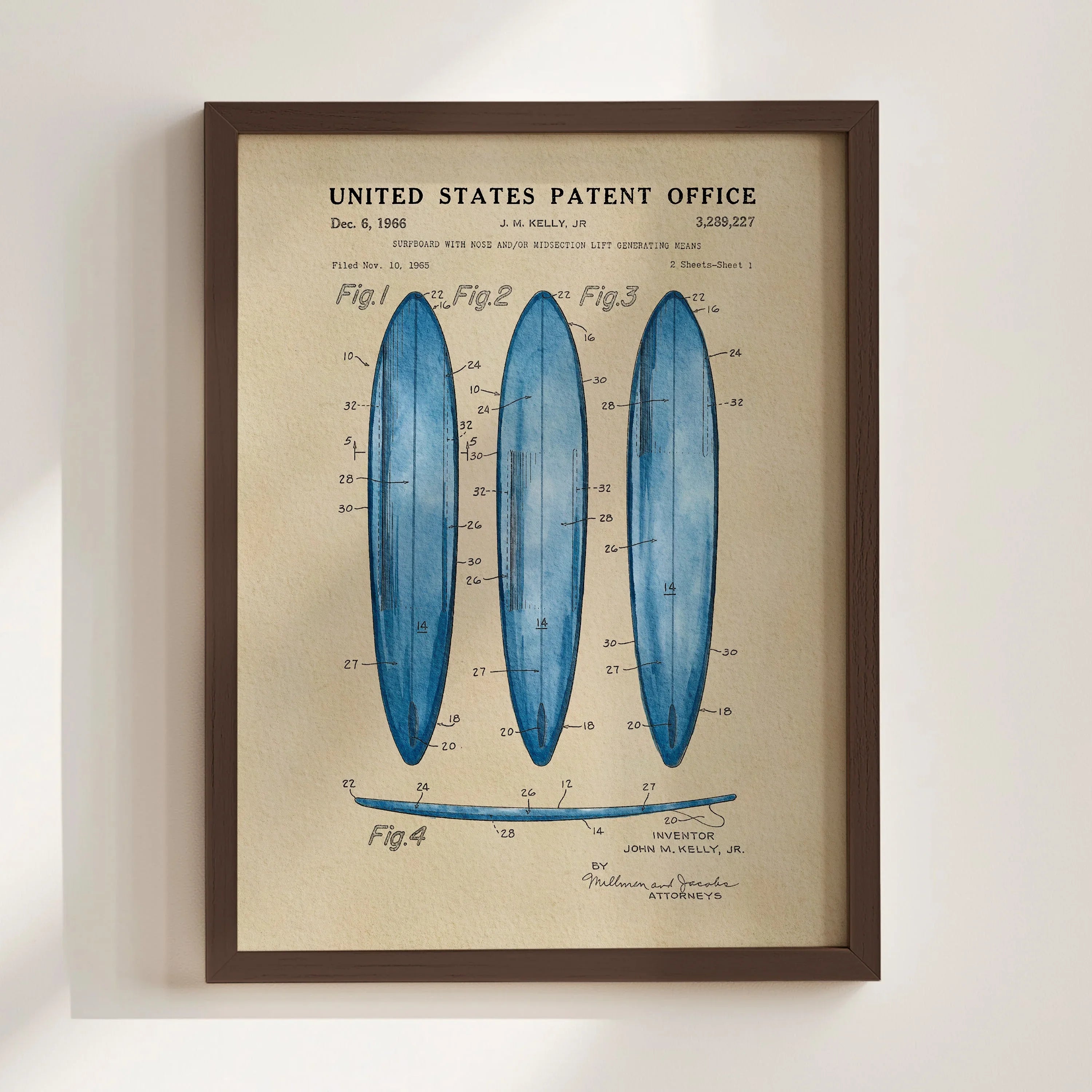 Surfboard US Patent Art Print - Blue | Coastal-Themed Dorm Decor | Campus Greek Fit