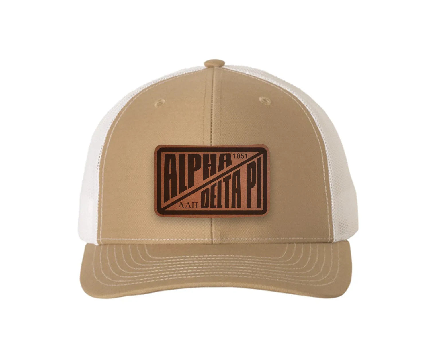 Alpha Delta Pi Richardson 112 Leatherette Patch Trucker Hat - Divide Khaki White Trucker Hat
