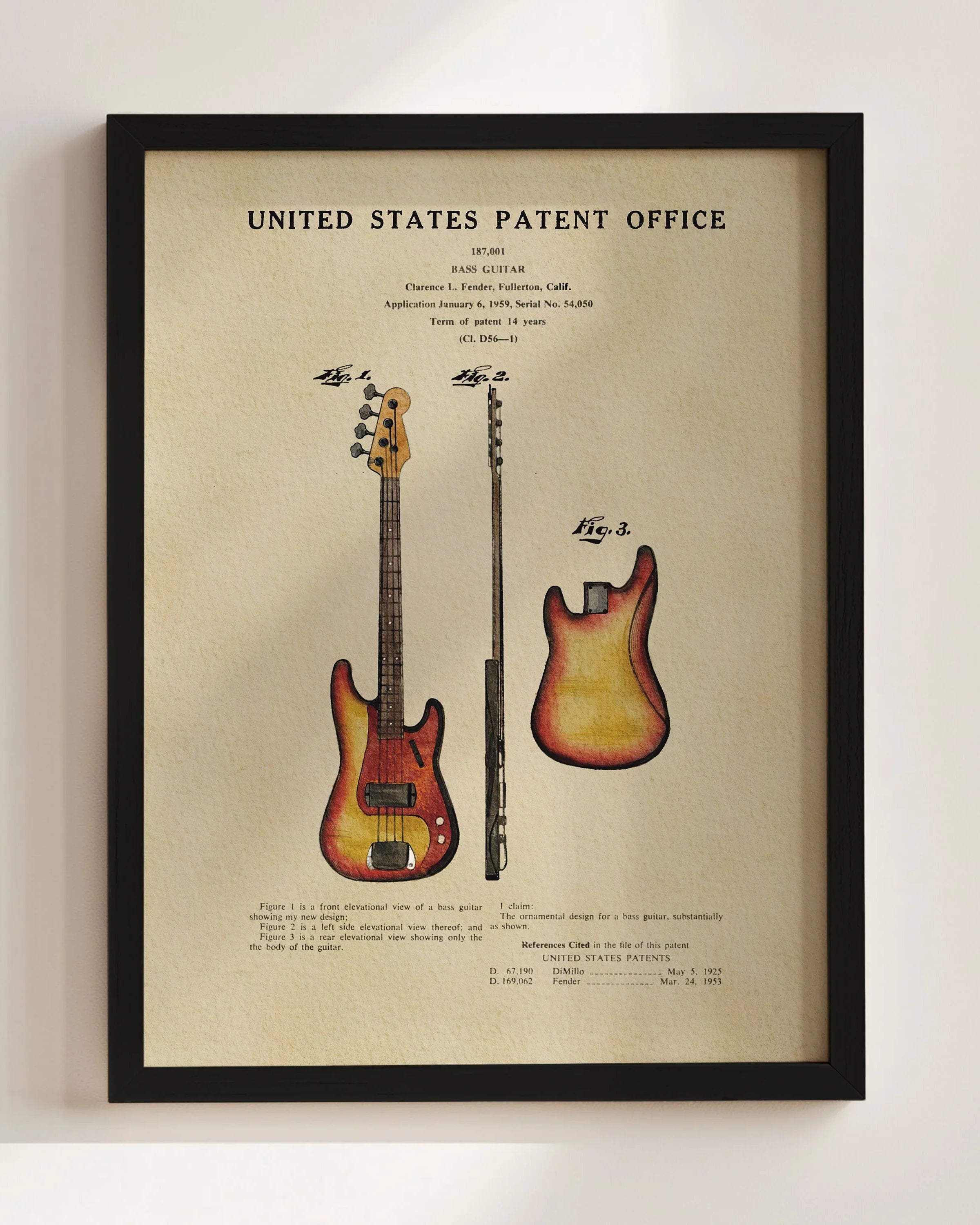Fender Bass Guitar US Patent Art Print | Music-Themed Dorm Decor