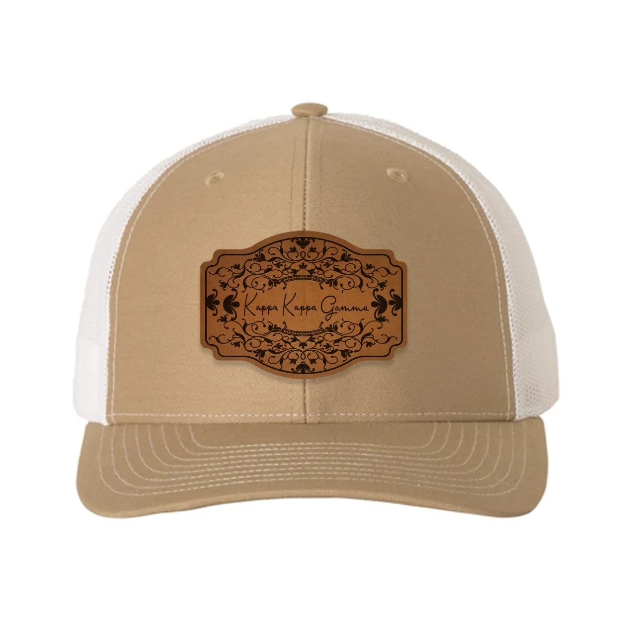 Kappa Kappa Gamma Richardson 112 Leatherette Patch Trucker Hat - Scroll Khaki White Trucker Hat