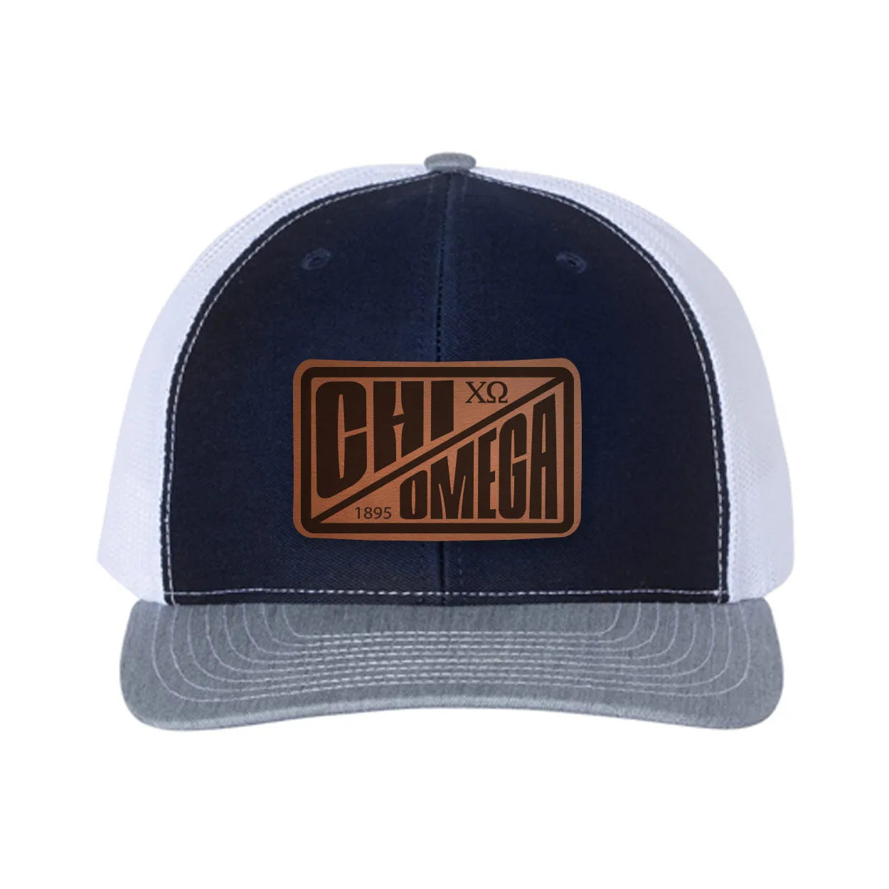 Chi Omega Richardson 112 Leatherette Patch Trucker Hat - Divide Navy White Heather Gray Trucker Hat