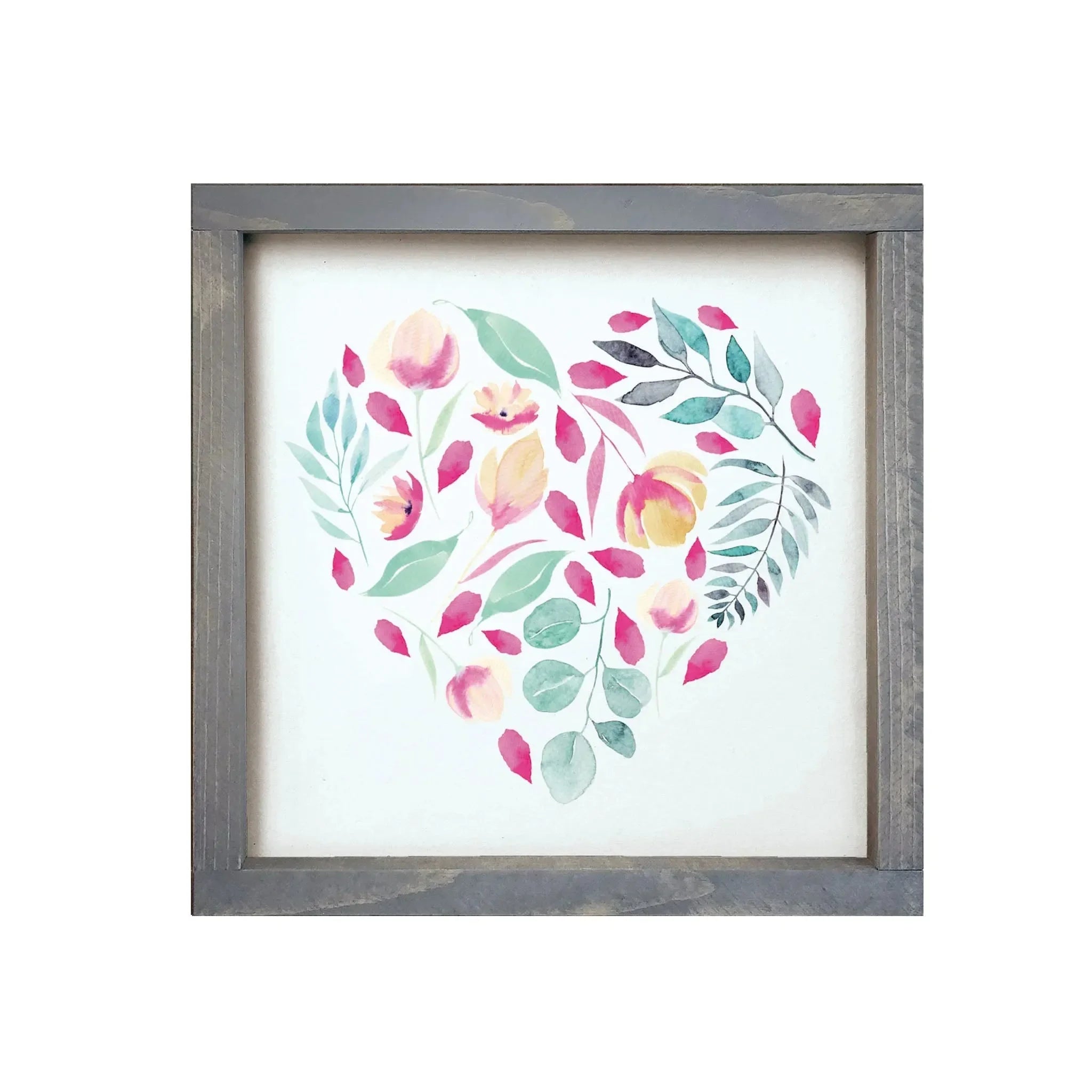 Floral Hear - Aqua & Pink Wood Framed Sign 12"x12" Weathered Gray Wall Art & Signs
