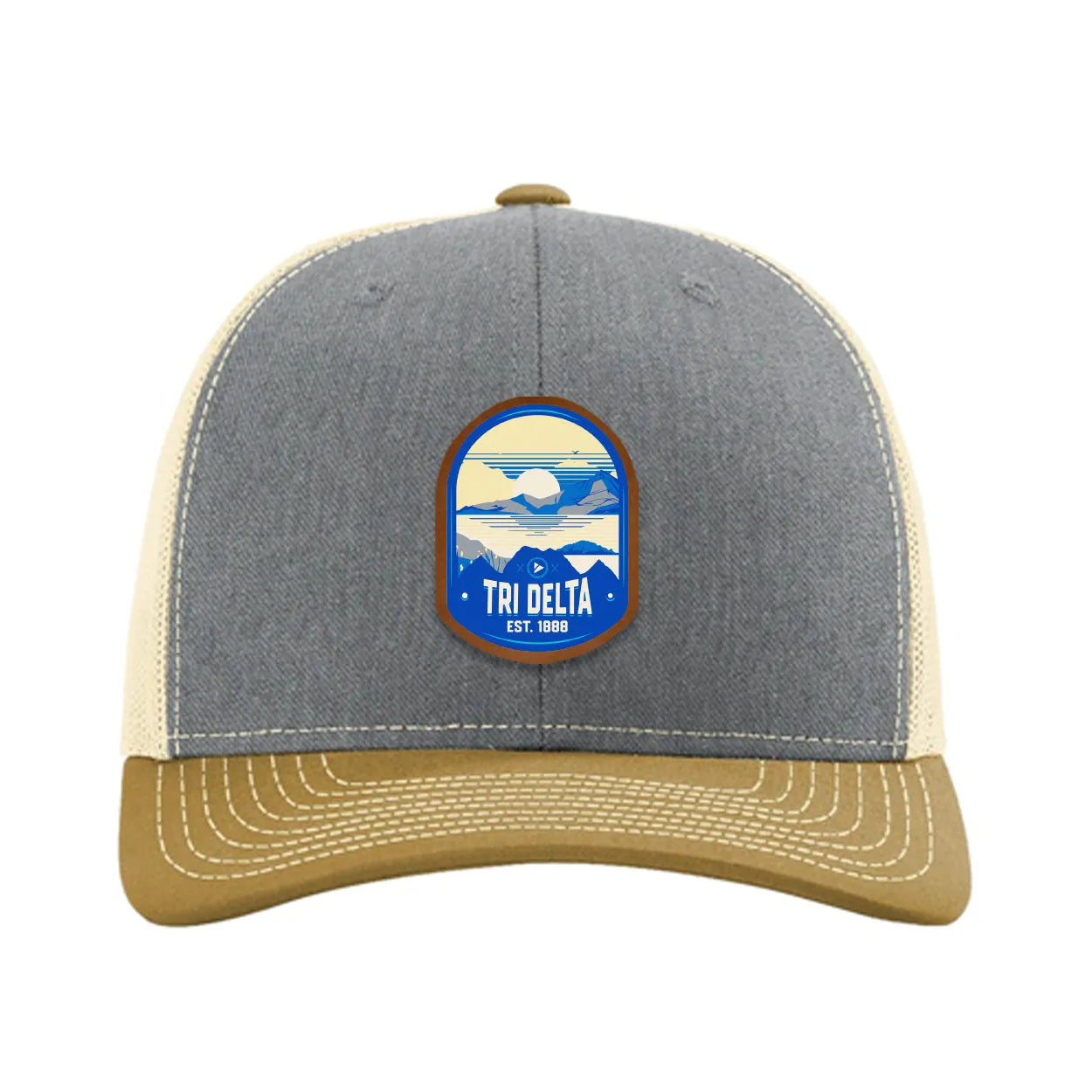 Tri Delta Richardson 112 UV Print Leatherette Patch Trucker Hat - Ventura Heather Gray Birch Amber Gold Trucker Hat