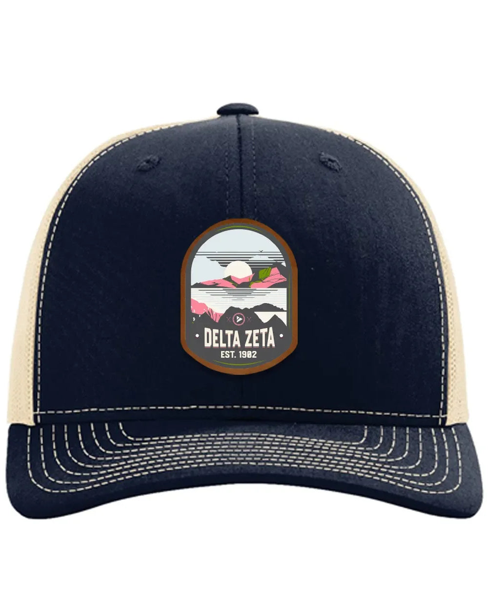 Delta Zeta Richardson 112 UV Print Leatherette Patch Trucker Hat - Ventura Navy Khaki Trucker Hat