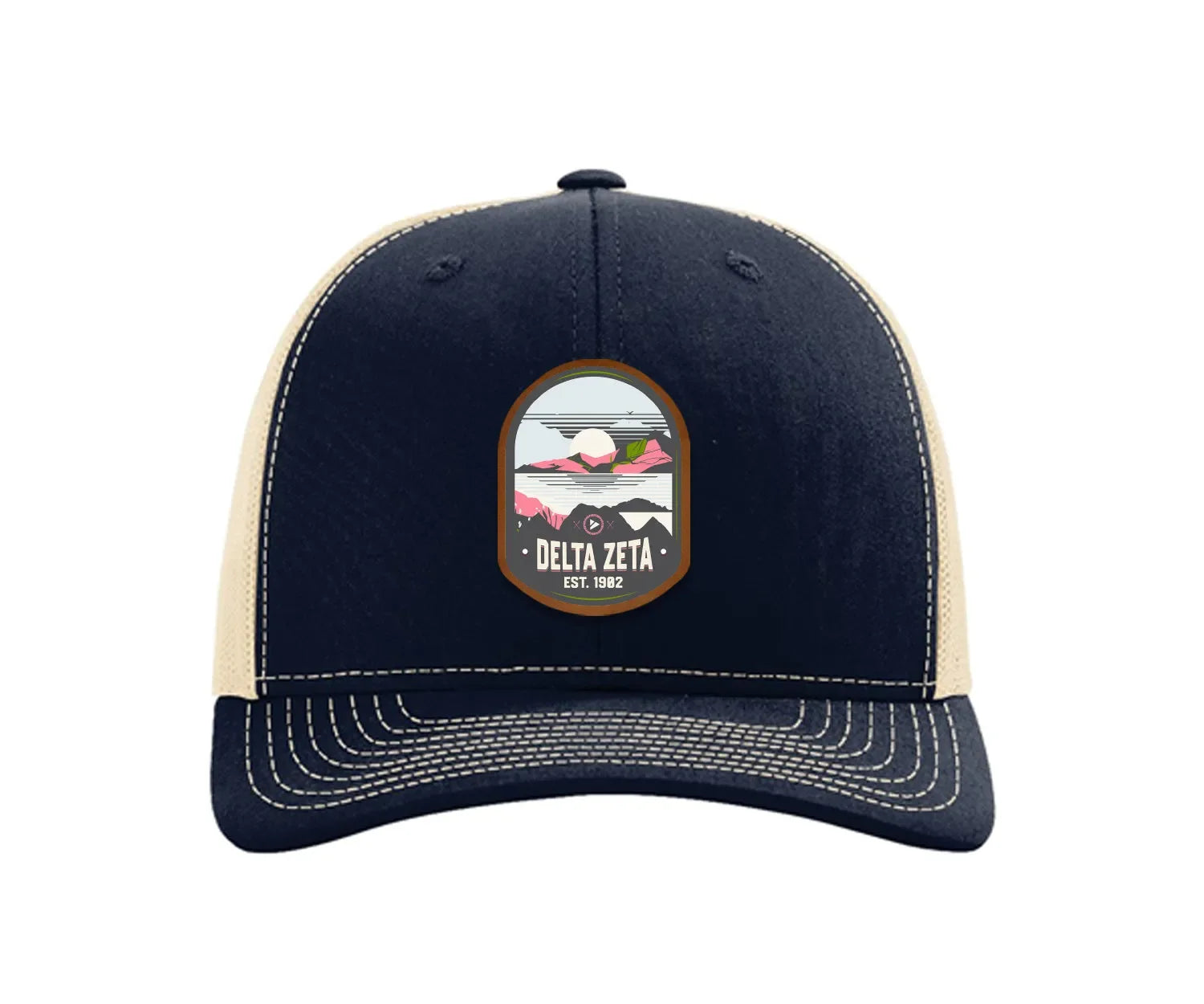 Delta Zeta Richardson 112 UV Print Leatherette Patch Trucker Hat - Ventura Navy Khaki Trucker Hat