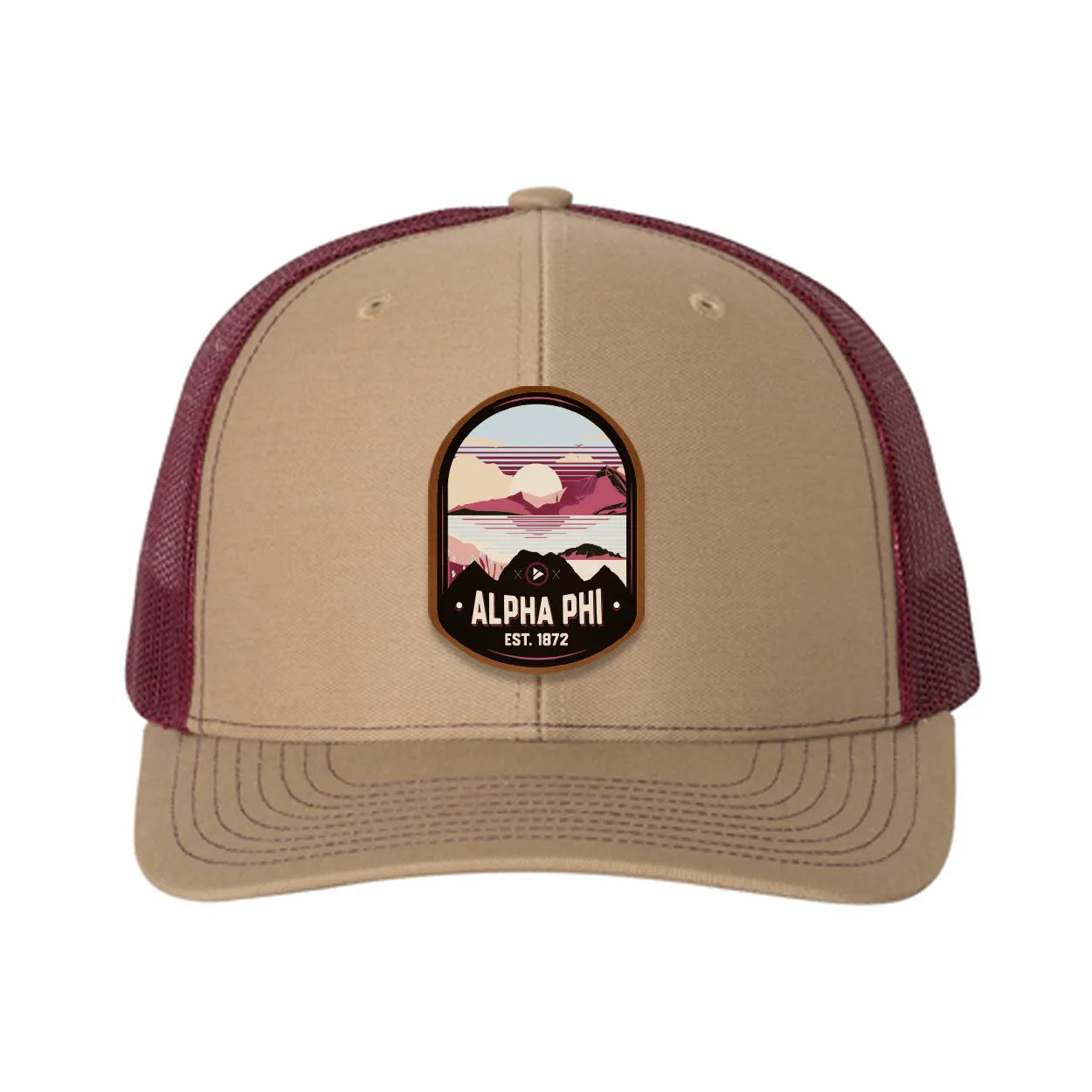 Alpha Phi Richardson 112 UV Print Leatherette Patch Trucker Hat - Ventura Khaki Burgundy Trucker Hat