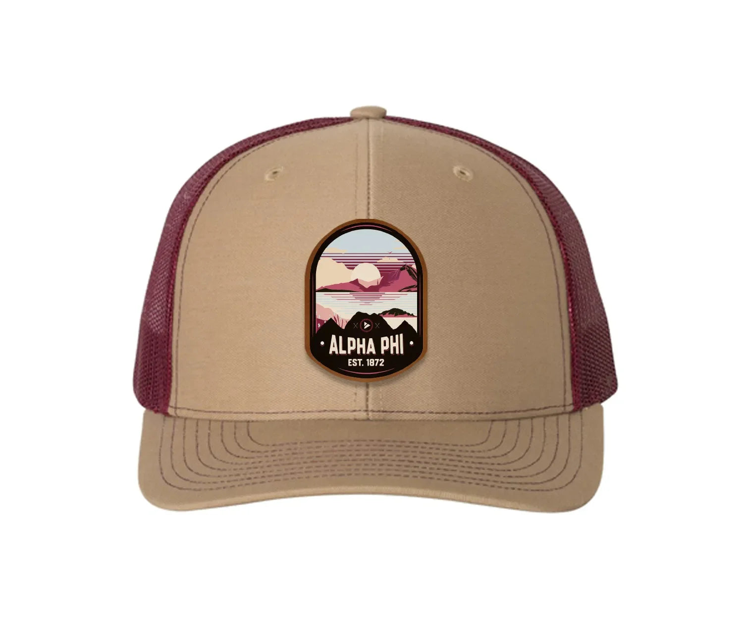 Alpha Phi Richardson 112 UV Print Leatherette Patch Trucker Hat - Ventura Khaki Burgundy Trucker Hat