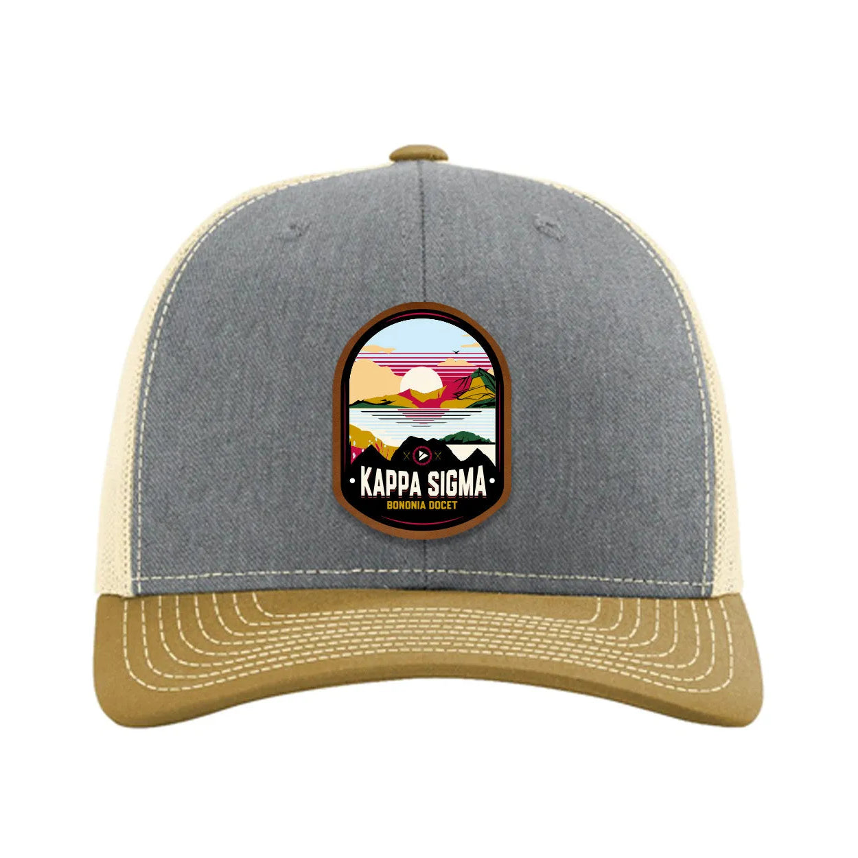 Kappa Sigma Richardson 112 UV Print Leatherette Patch Trucker Hat - Ventura Heather Gray Birch Amber Gold Trucker Hat