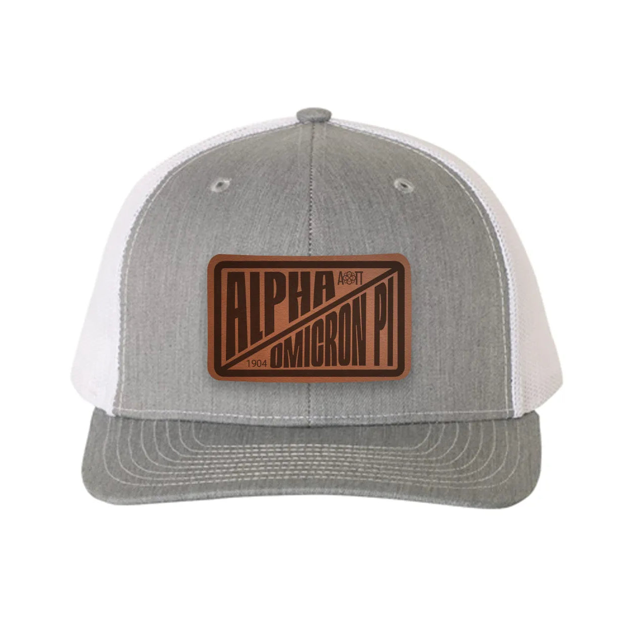 Alpha Omicron Pi Richardson 112 Leatherette Patch Trucker Hat - Divide Heather Gray White Trucker Hat