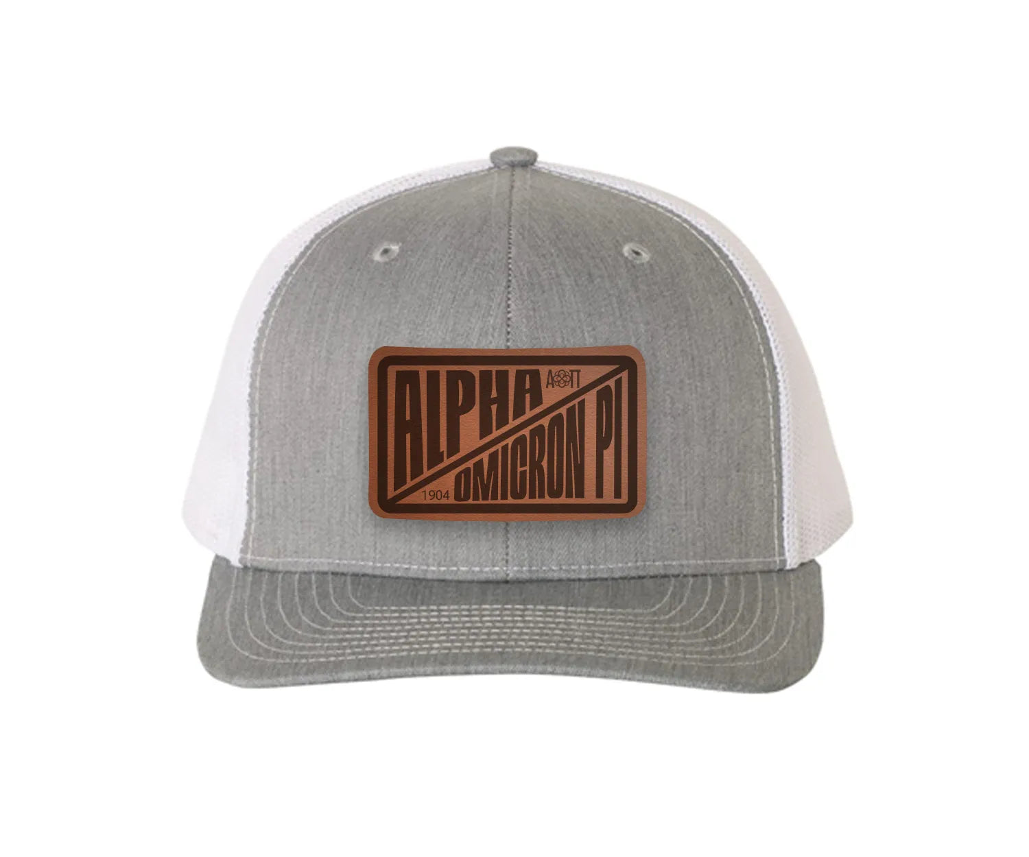 Alpha Omicron Pi Richardson 112 Leatherette Patch Trucker Hat - Divide Heather Gray White Trucker Hat