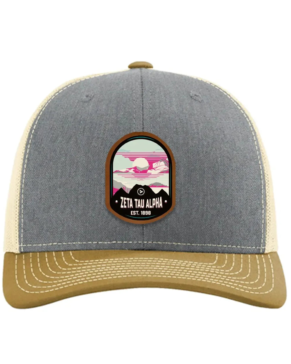 Zeta Tau Alpha Richardson 112 UV Print Leatherette Patch Trucker Hat - Ventura Heather Gray Birch Amber Gold Trucker Hat
