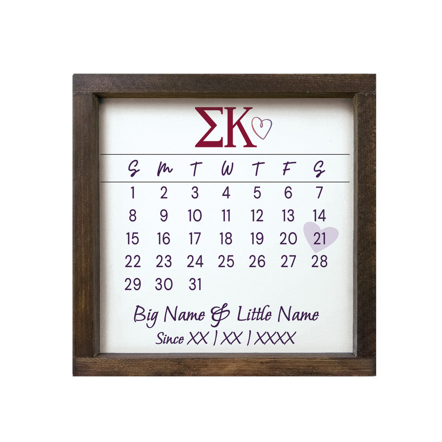 Sigma Kappa Personalized Big Little Calendar Framed Sign - 12x12
